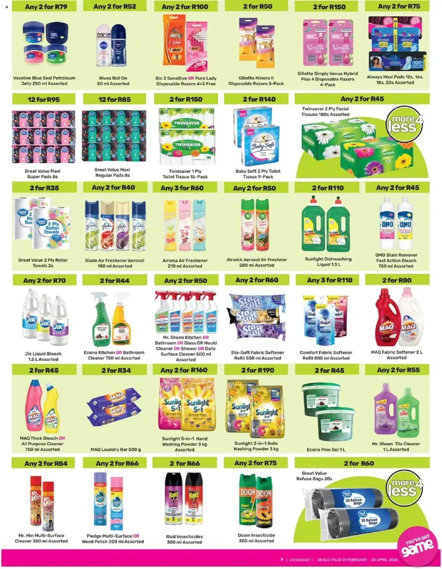 New Game catalogue – valid from 01.02.2026 | Page: 7 | Products: Pads, Washing powder, Fabric softener, Tissues