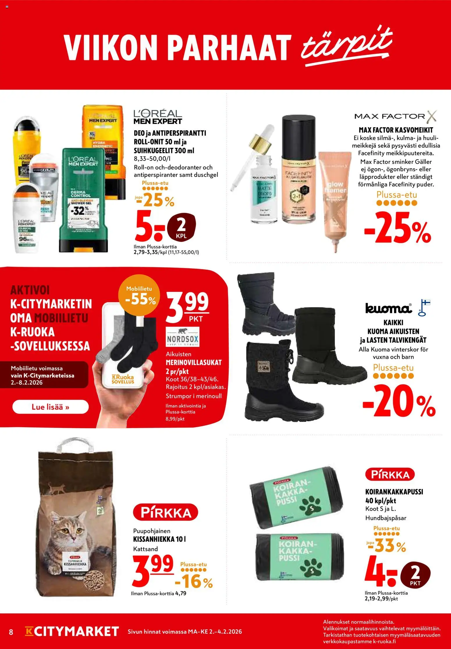 K-Citymarket tarjoukset – voimassa 02.02.2026 alkaen | Sivu: 8 | Tuotteet: Antiperspirantti, Kissanhiekka, Talvikengät