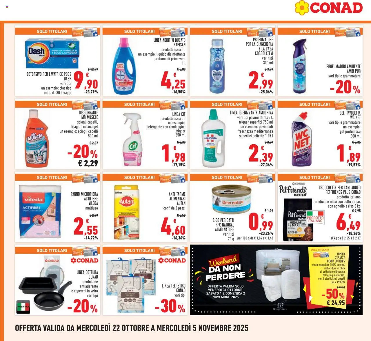 Volantino Conad del 22.10.2025 | Pagina: 24 | Prodotti: Panno microfibra, Candeggina, Crocchette, WC