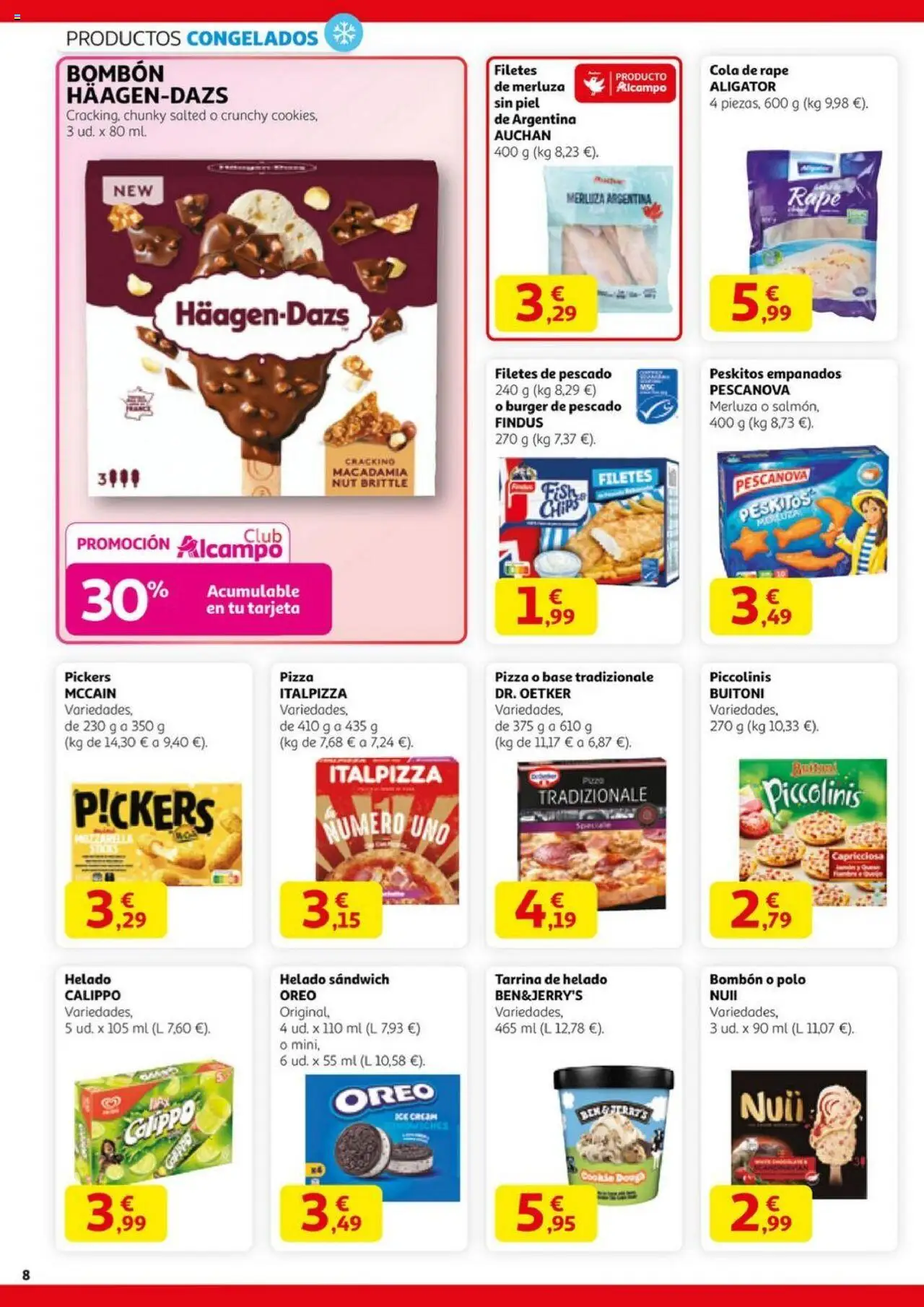 Alcampo - HP Nacional  │ válido desde el 11.09.2025 | Página: 8 | Productos: Helado bombón, Pizza, Pescado, Filetes de merluza