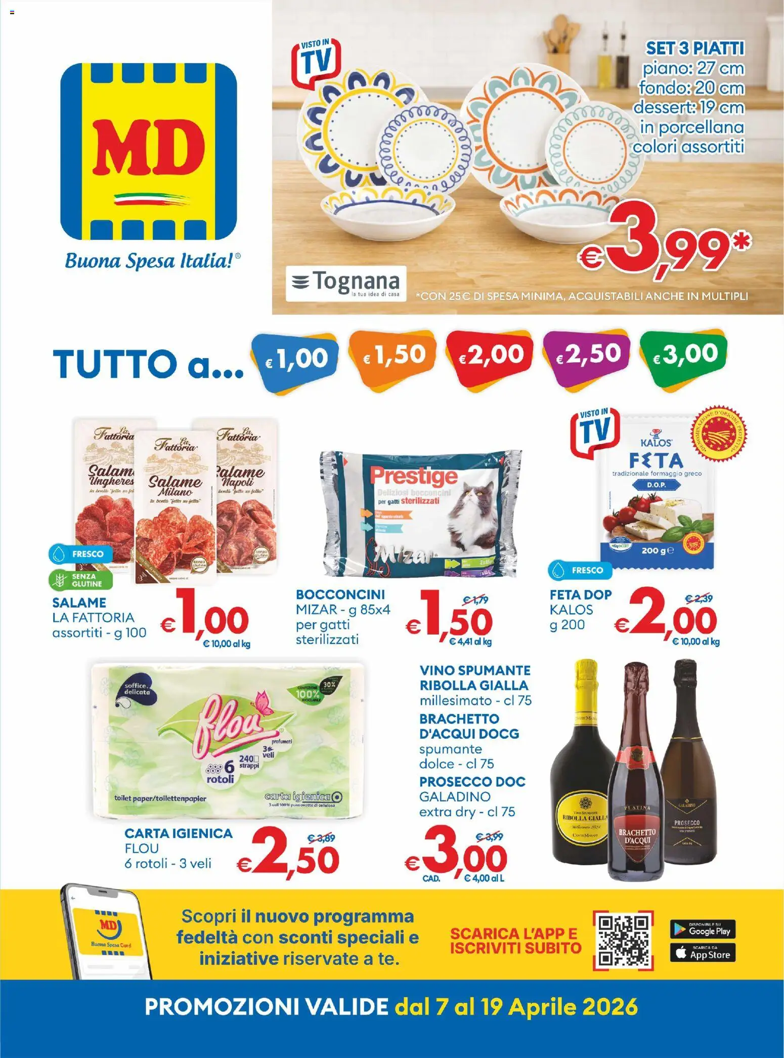 Volantino MD Discount del 07.04.2026 | Pagina: 1 | Prodotti: Carta igienica, Formaggio, Vino, Spumante
