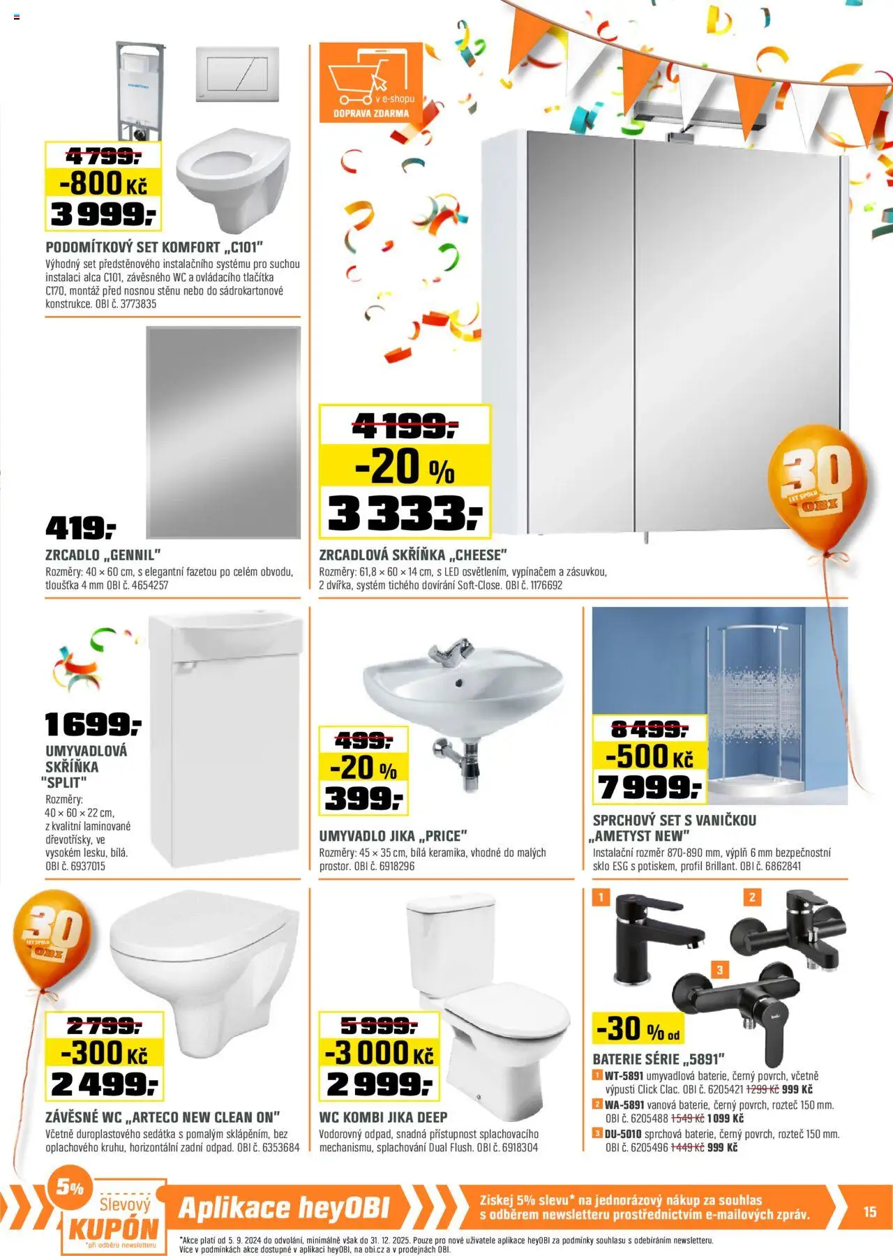 OBI leták od 01.08.2025 | Strana: 15 | Produkty: Skříňka, Umyvadlo, Zrcadlo, LED