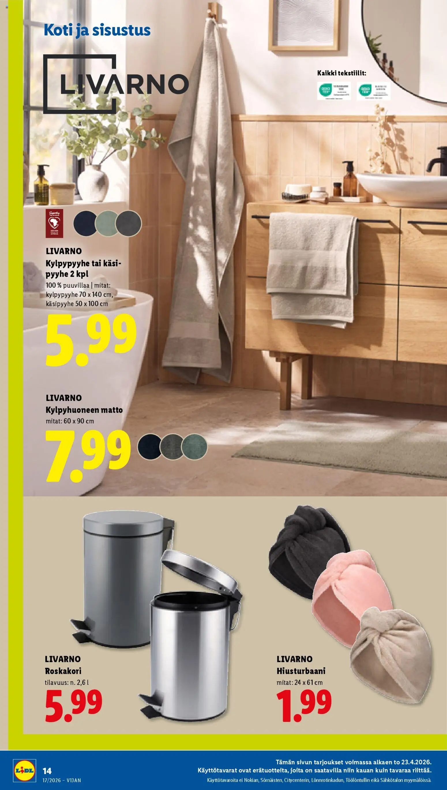 Lidl tarjoukset - Tampere – voimassa 23.04.2026 alkaen | Sivu: 20 | Tuotteet: Pyyhe, Roskakori, Matto, Kylpyhuoneen matto