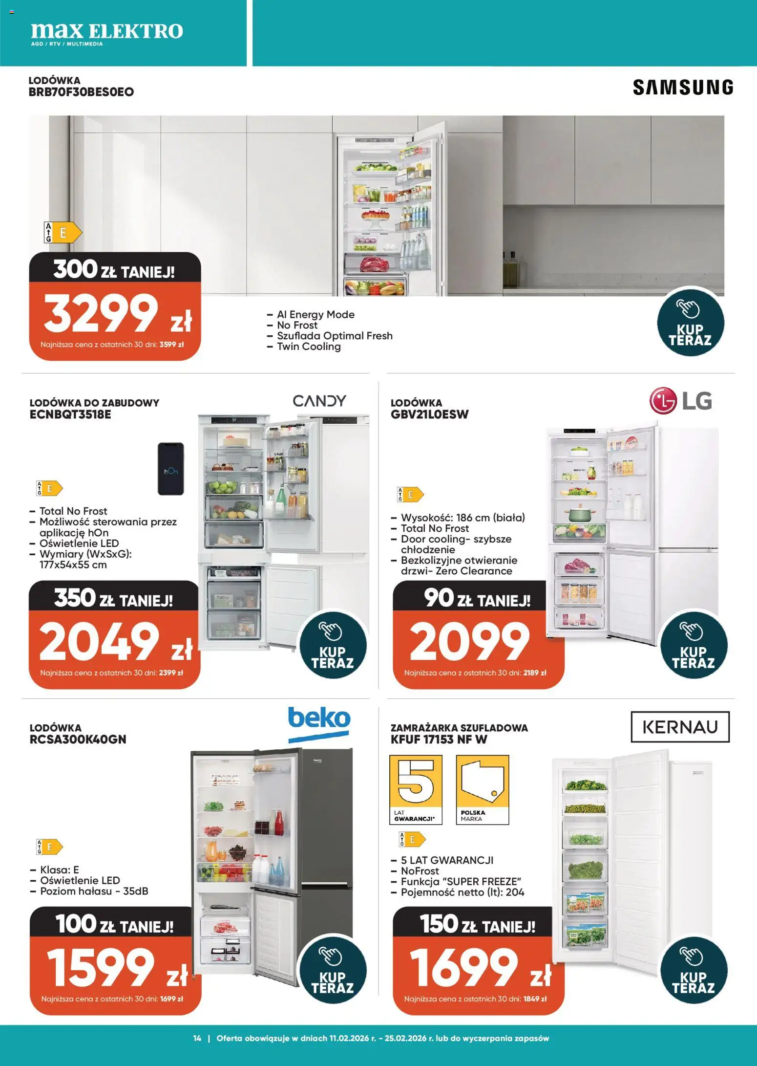 Max elektro Gazetka od 11.02.2026 | Strona: 14 | Produkty: Lodówka, Zamrażarka