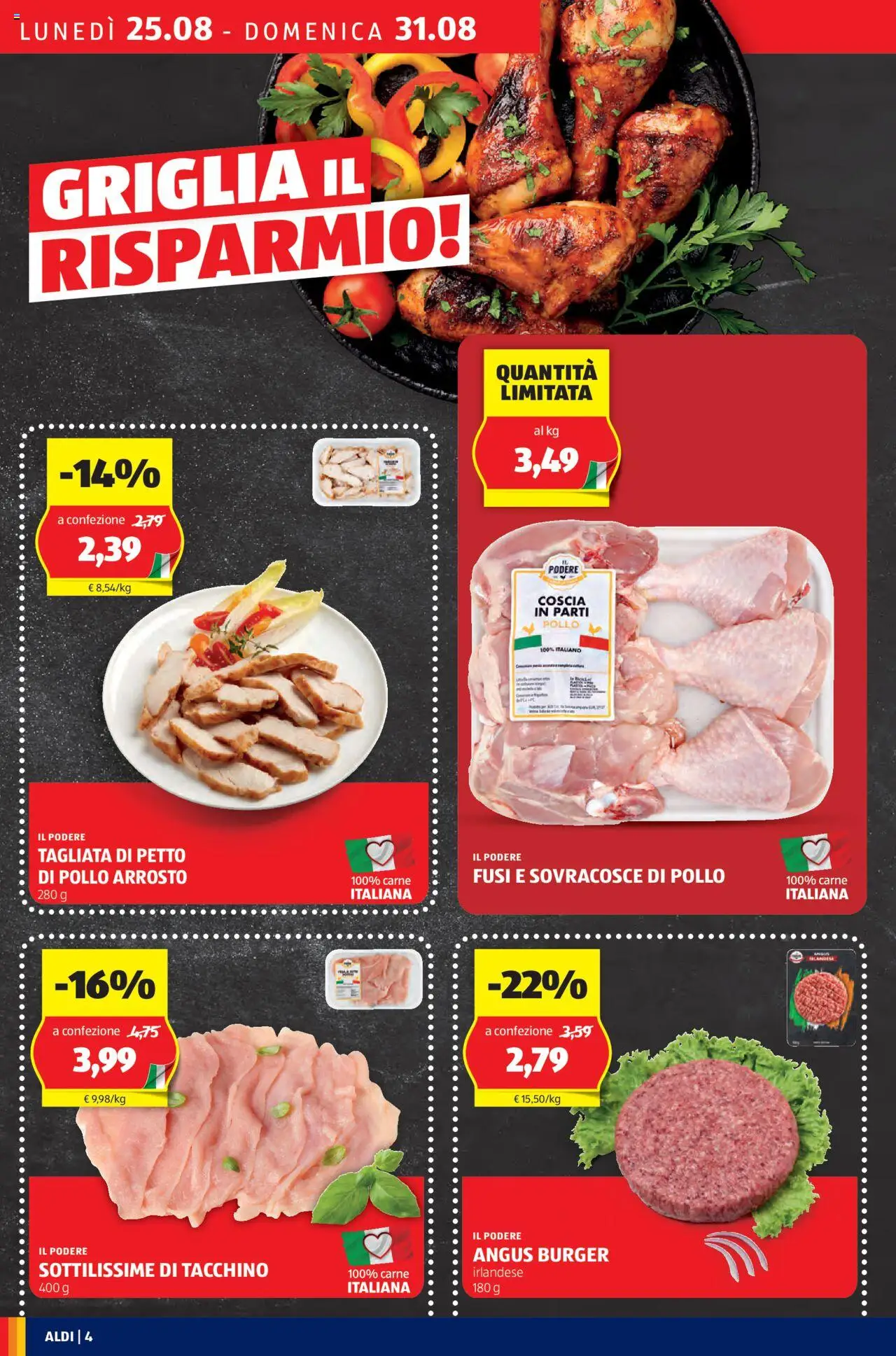 Volantino Aldi del 25.08.2025 | Pagina: 4 | Prodotti: Petto di Pollo, Arrosto, Pollo, Tacchino