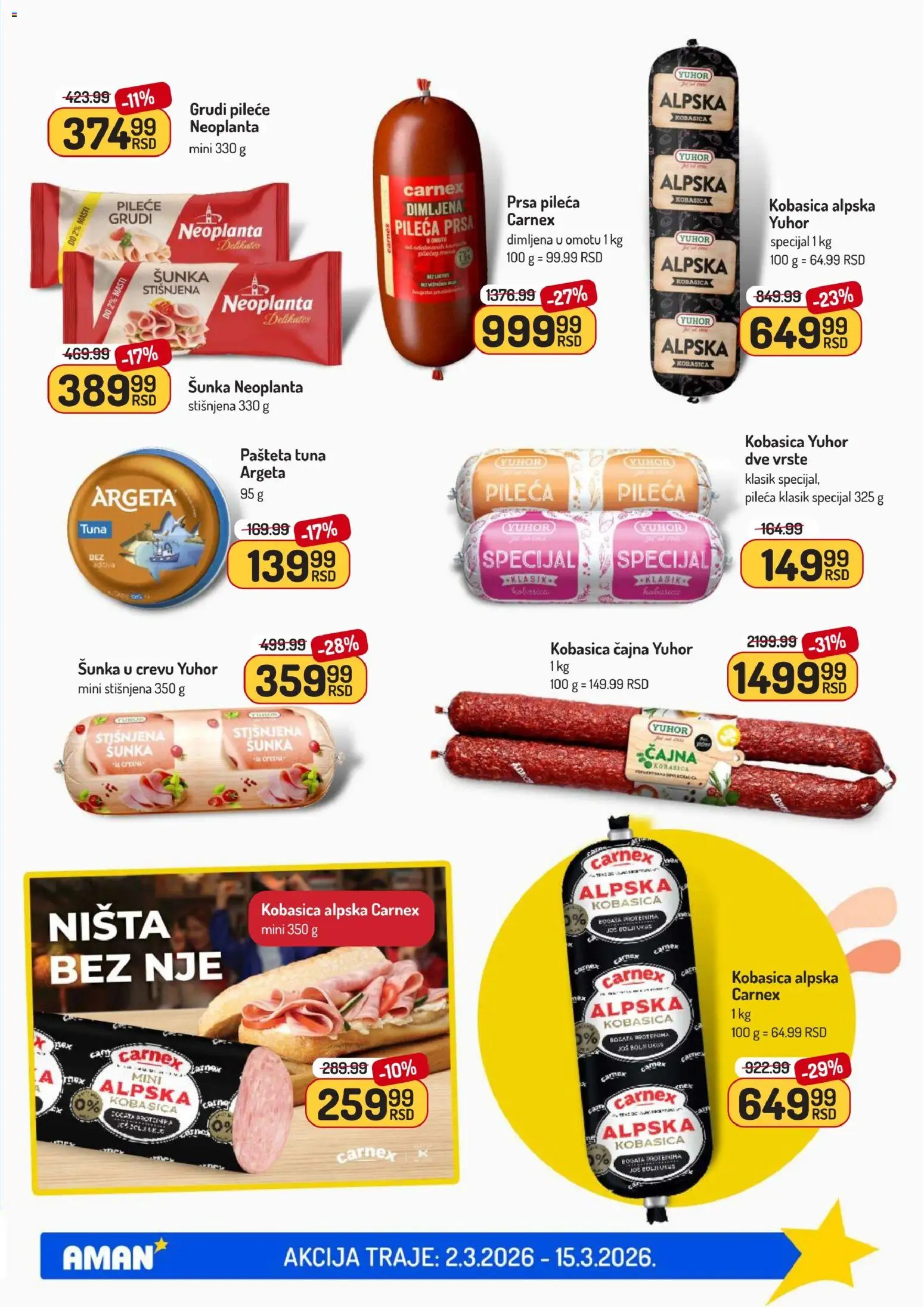 Aman katalog - važi od 02.03.2026 | Strana: 3 | Proizvode: Pileće grudi, Šunka, Kobasica, Pašteta
