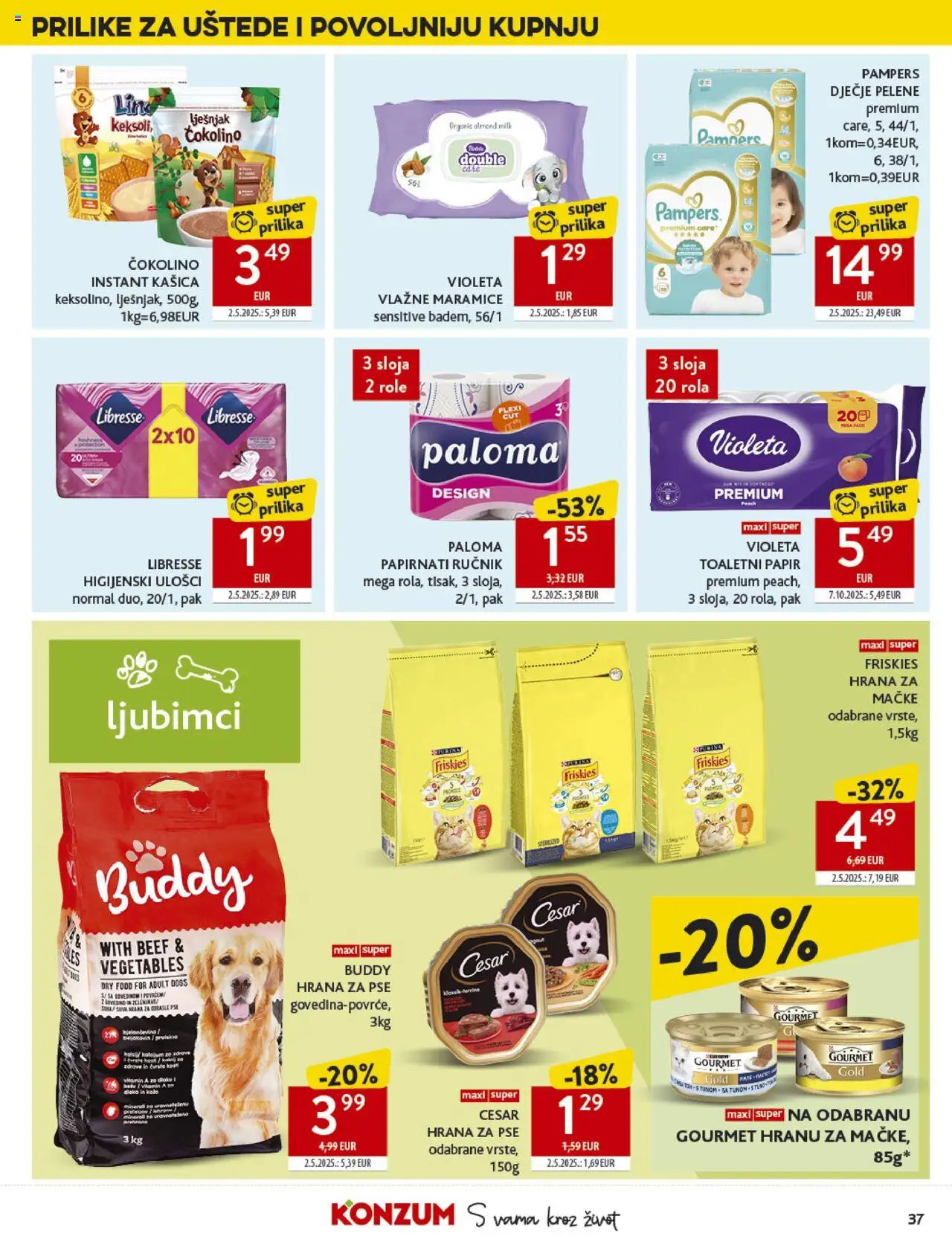 Konzum katalog | vrijedi od 22.10.2025 | Stranica: 37 | Proizvodi: Vlažne maramice, Ručnik, Hrana za mačke, Violeta