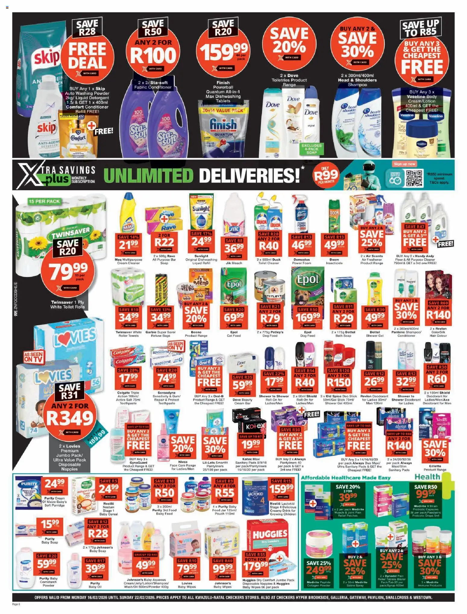New Checkers catalogue – valid from 16.02.2026 | Page: 6 | Products: Bleach, Conditioner, Toothpaste, Dog food