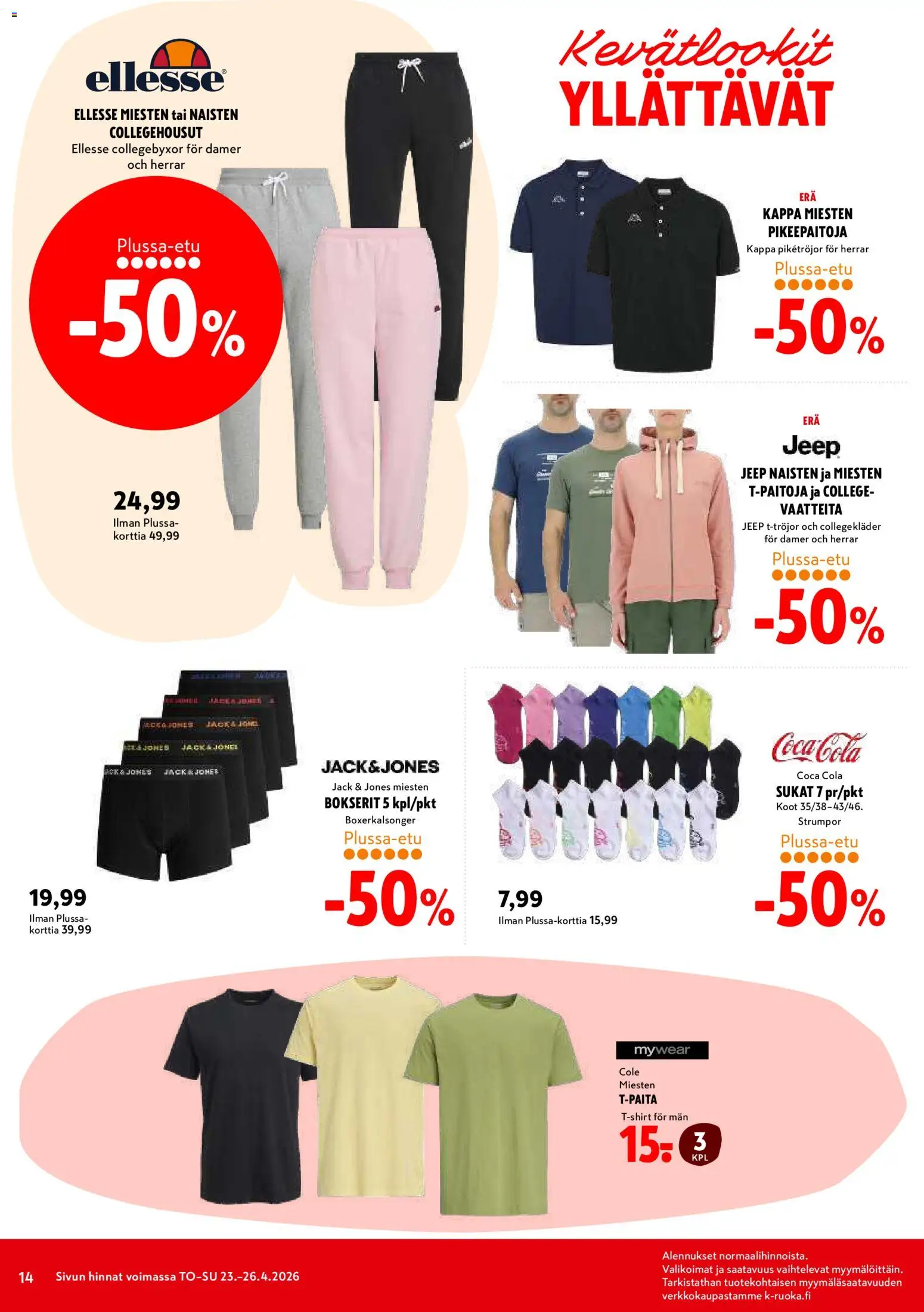 K-Citymarket tarjoukset – voimassa 23.04.2026 alkaen | Sivu: 14 | Tuotteet: Coca cola, Sukat, Bokserit