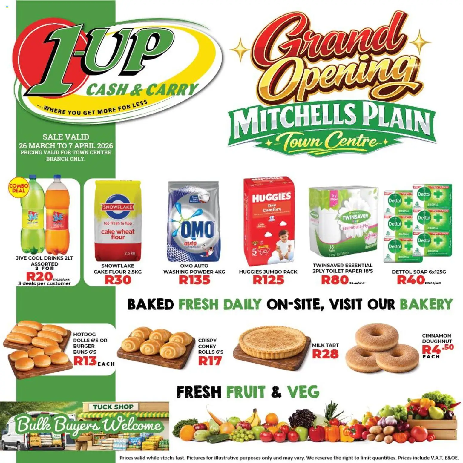 New 1UP Cash & Carry catalogue – valid from 26.03.2026 | Page: 2 | Products: Flour, Buns, Soap, Toilet paper