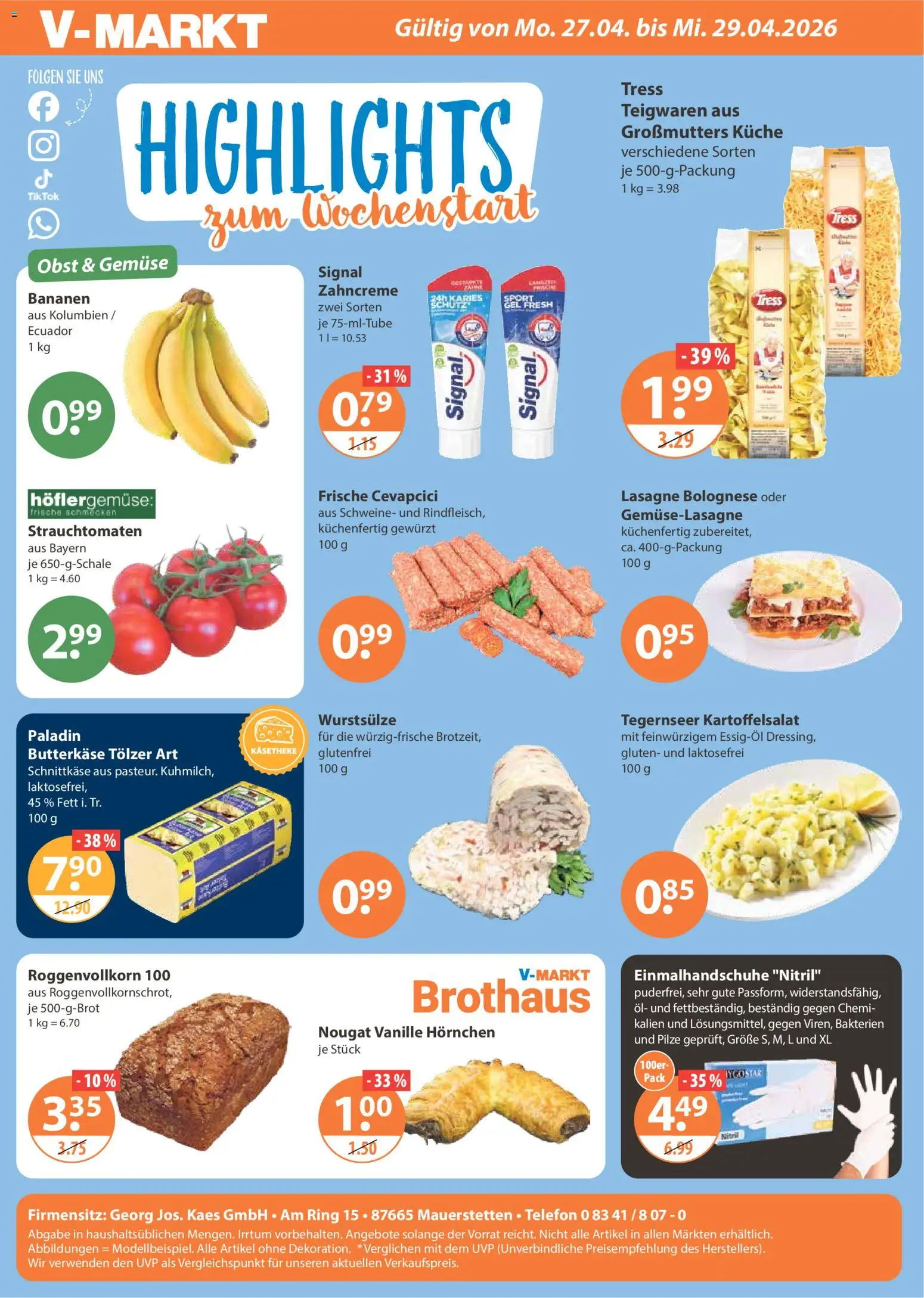 V-Markt Highlights Schwaben / Oberbayern – gültig ab 27.04.2026 | Seite: 1 | Produkte: Öl, Cevapcici, Bananen, Gemüse