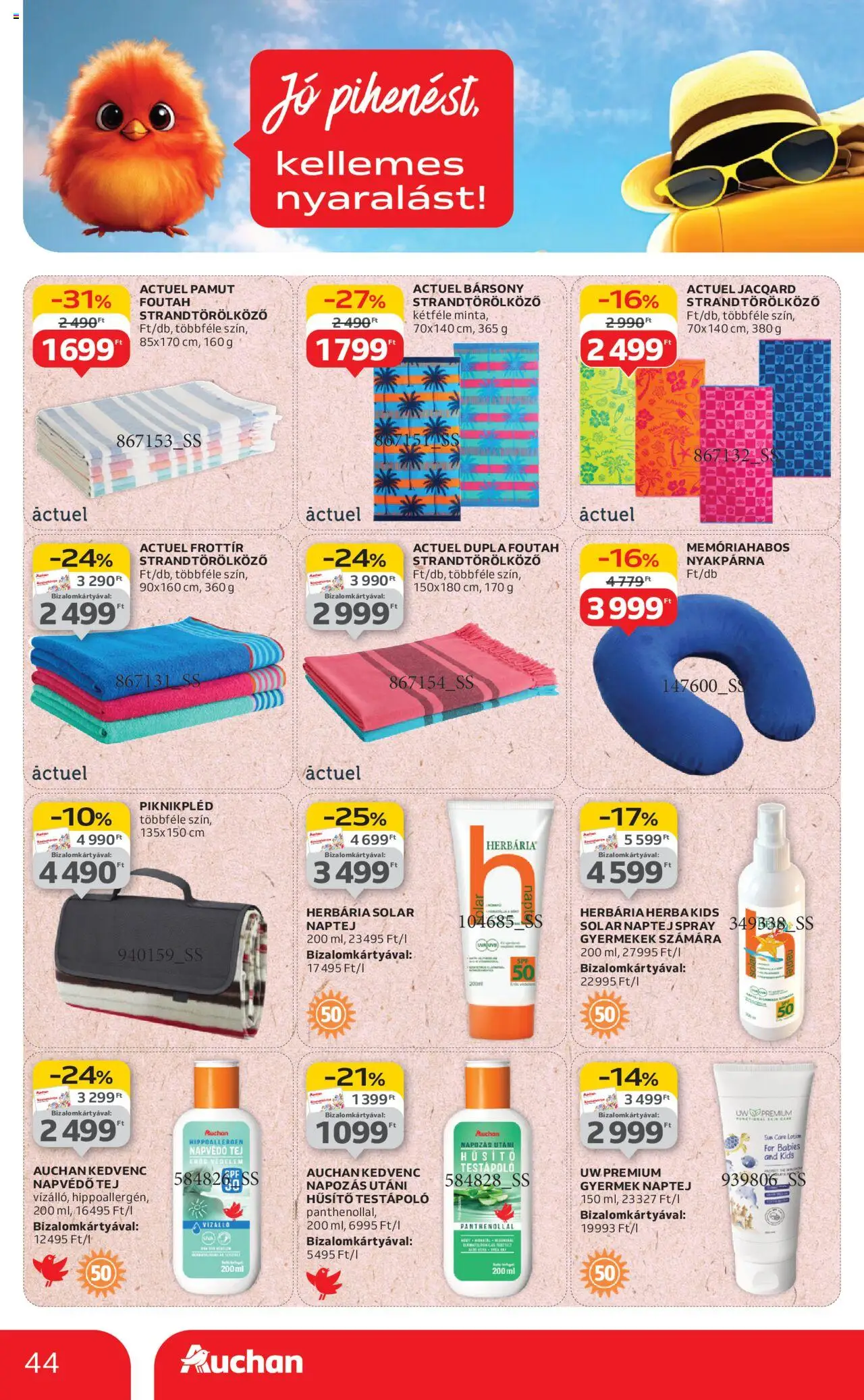 Auchan akciós ujság - amely érvényes a következő dátumtól: 07.08.2025 | Oldal: 44 | Termékek: Strandtörölköző, Naptej, Tej, Testápoló