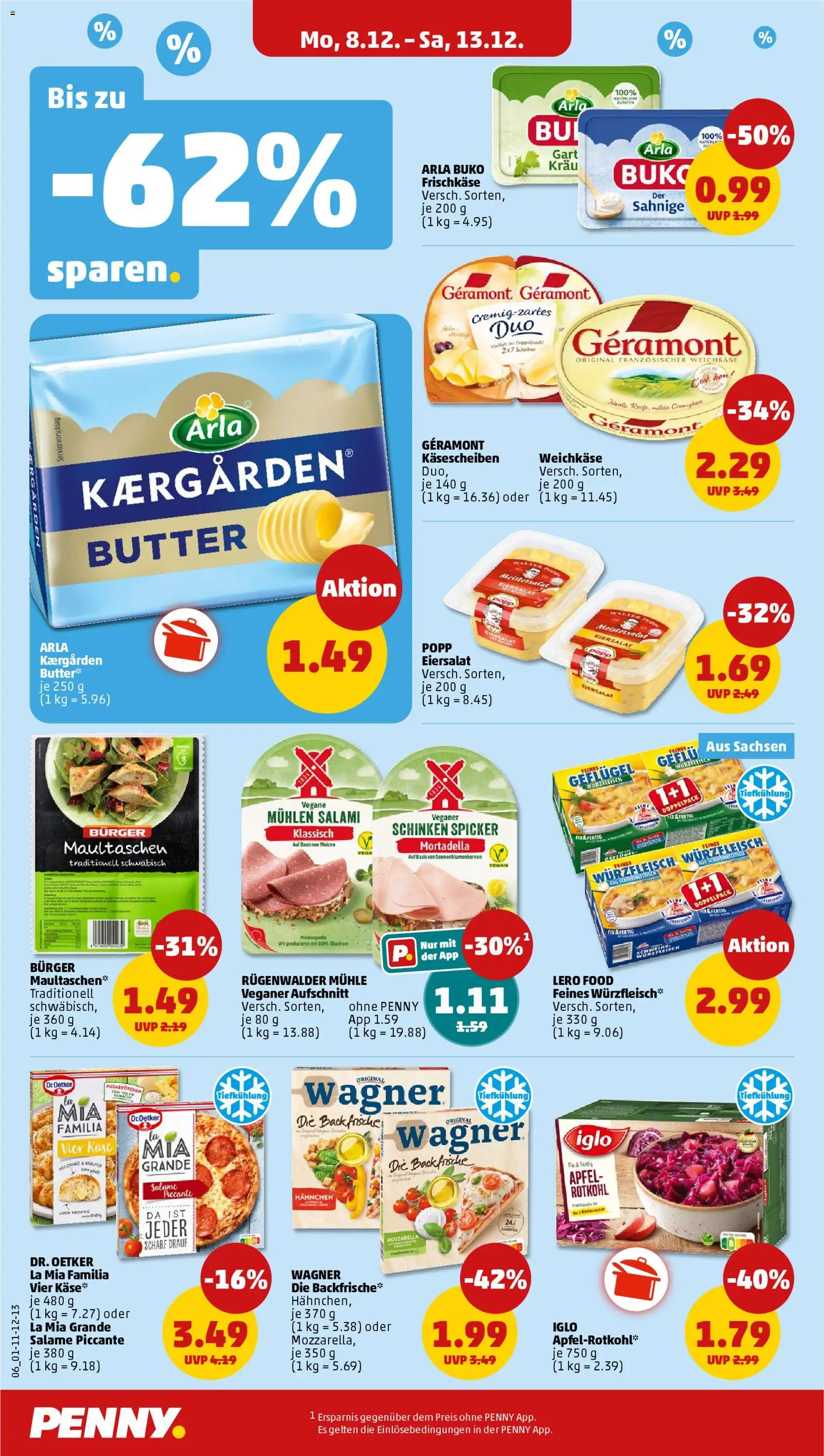 Penny Prospekt 	 – gültig ab 08.12.2025 | Seite: 8 | Produkte: Käse, Arla buko, Salami, Schweinefleisch