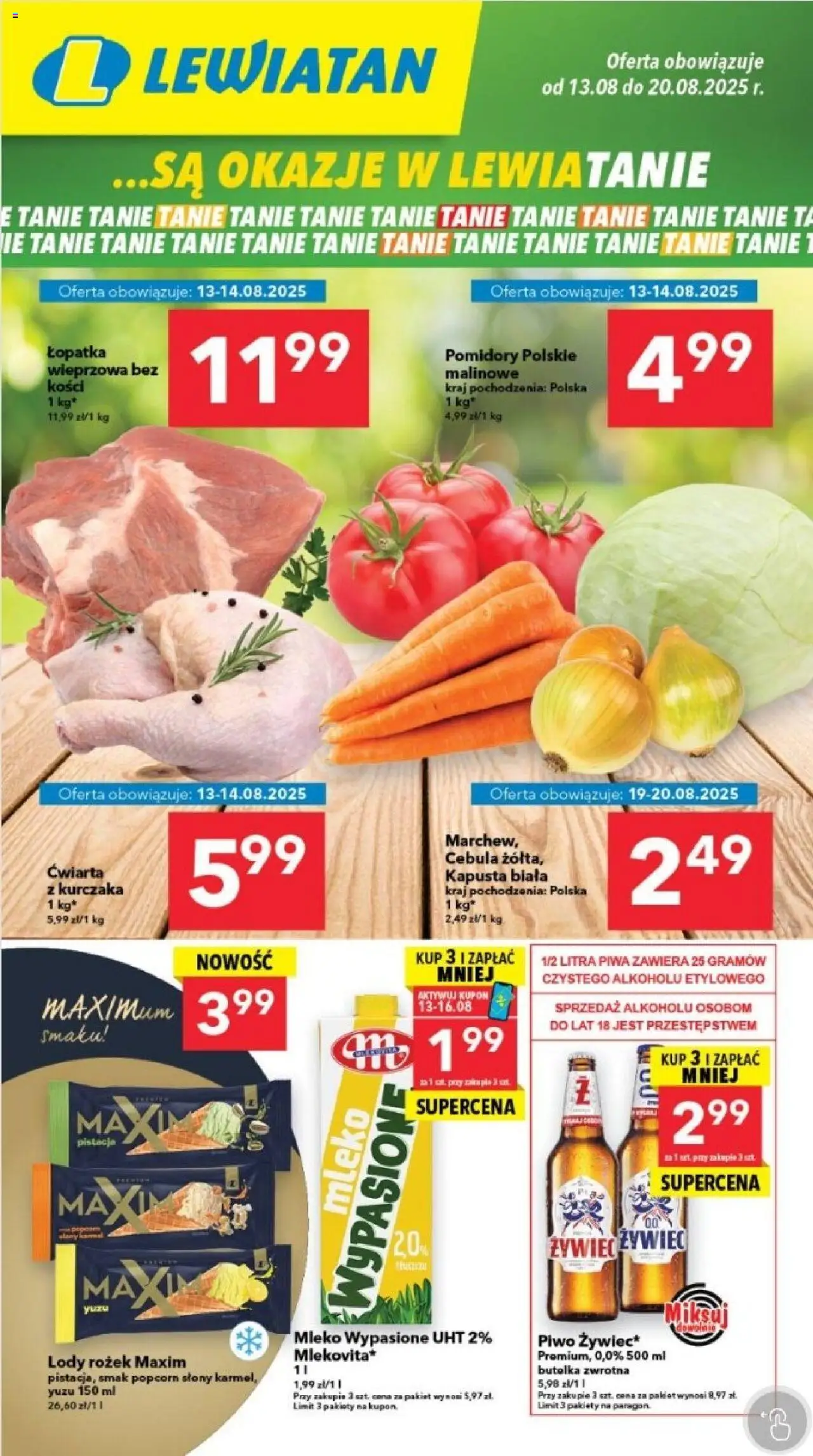 Lewiatan gazetka - Legnica od 13.08.2025 | Strona: 1 | Produkty: Mleko, Popcorn, Kapusta biała, Lody