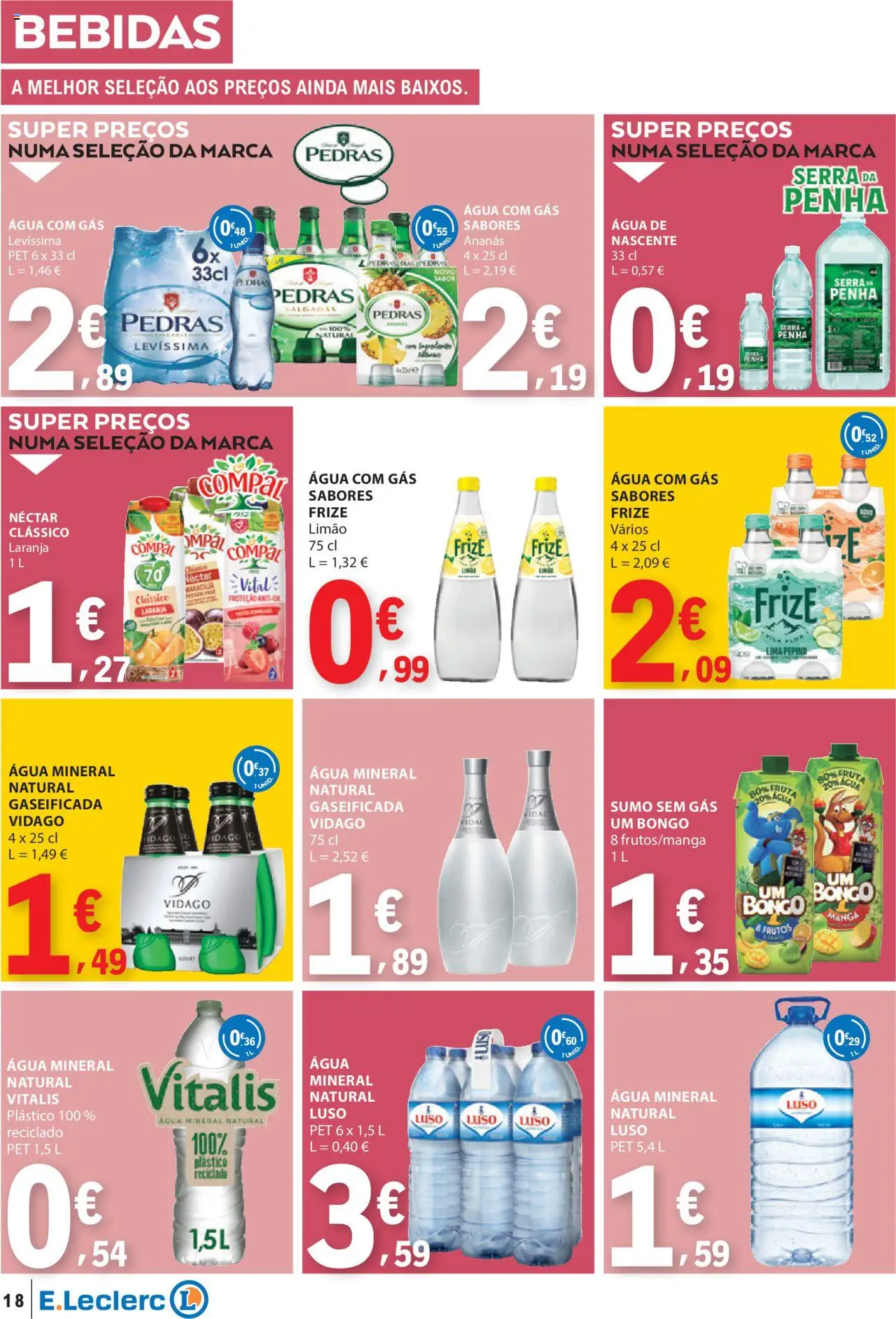 E.Leclerc folheto │ válido de 09.10.2025 | Página: 18 | Produtos: Agua, Sumo, Água com gás, Água mineral