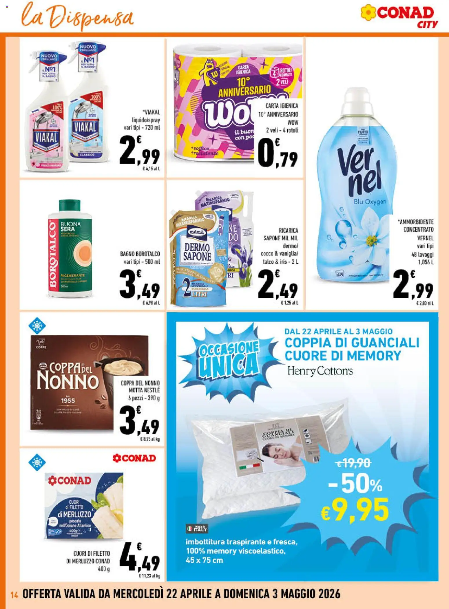 Volantino Conad del 22.04.2026 | Pagina: 14 | Prodotti: Sapone, Merluzzo, Talco, Cocco