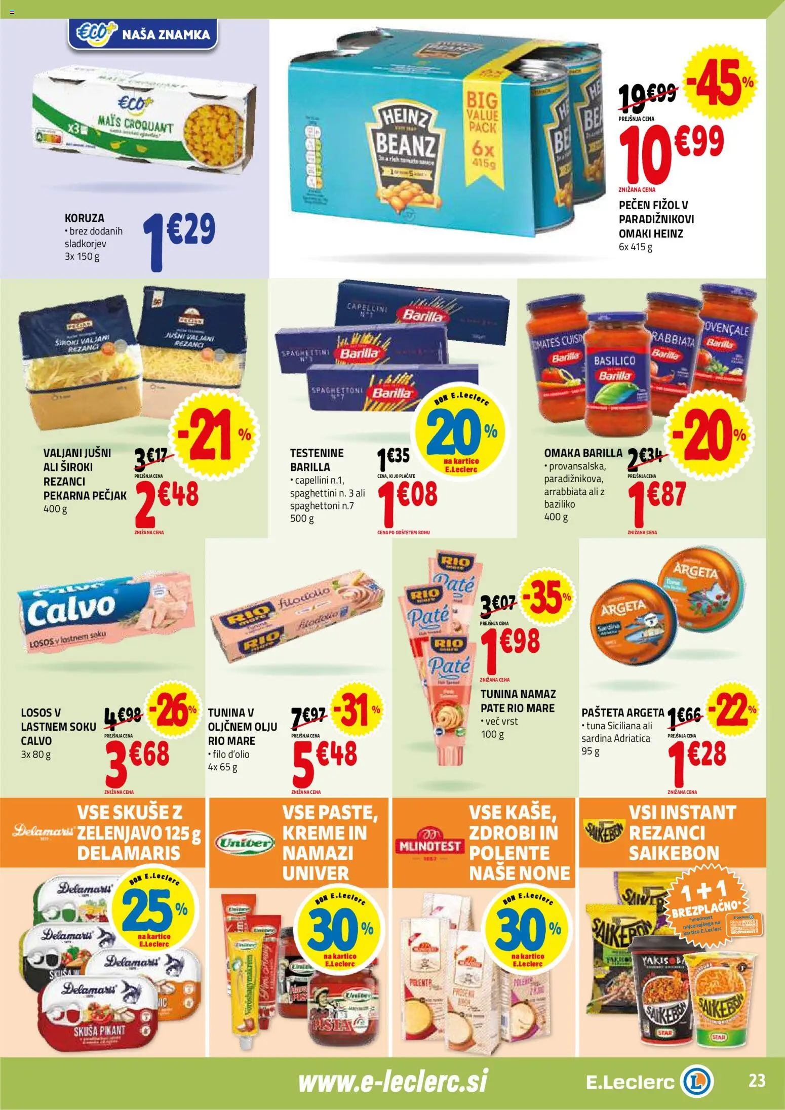 Novi E.leclerc katalog ponudbe – veljaven od 25.02.2026 | Stran: 23 | Izdelki: Rezanci, Tuna, Losos, Testenine
