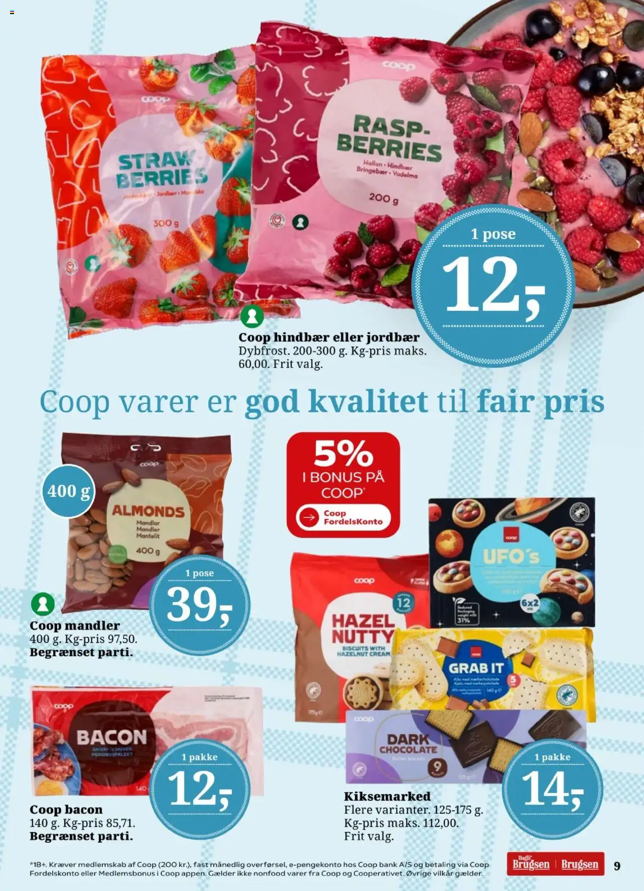 Dagli'Brugsen tilbudsavis – gyldig fra 12.09.2025 | Side: 9 | Produkter: Rasp, Mandler, Hindbær, Bacon