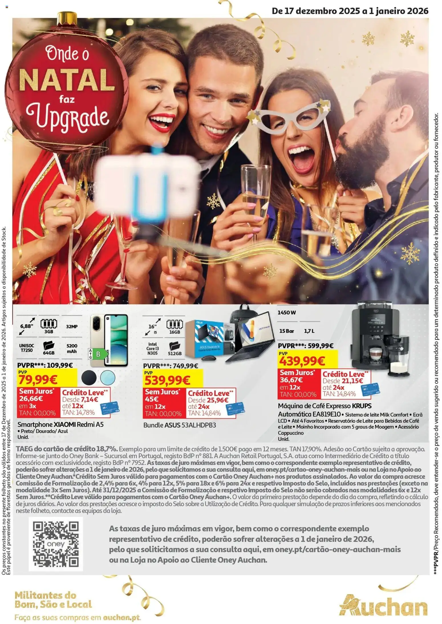 Auchan - Onde o Natal faz upgrade │ válido de 17.12.2025 | Página: 1 | Produtos: Smartphone, Faca, Leite, Café