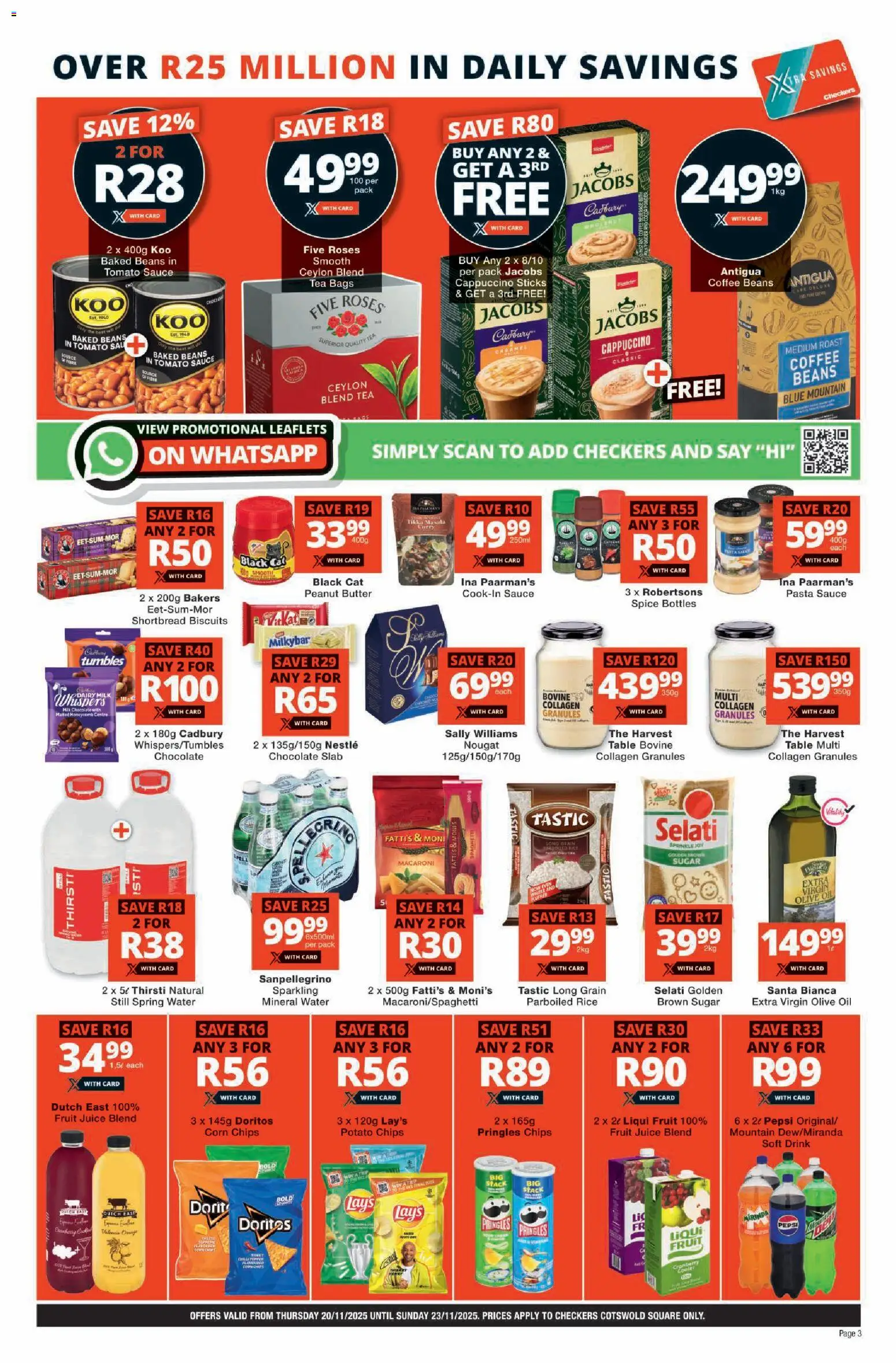 New Checkers catalogue – valid from 20.11.2025 | Page: 3 | Products: Biscuits, Coffee, Chocolate, Water