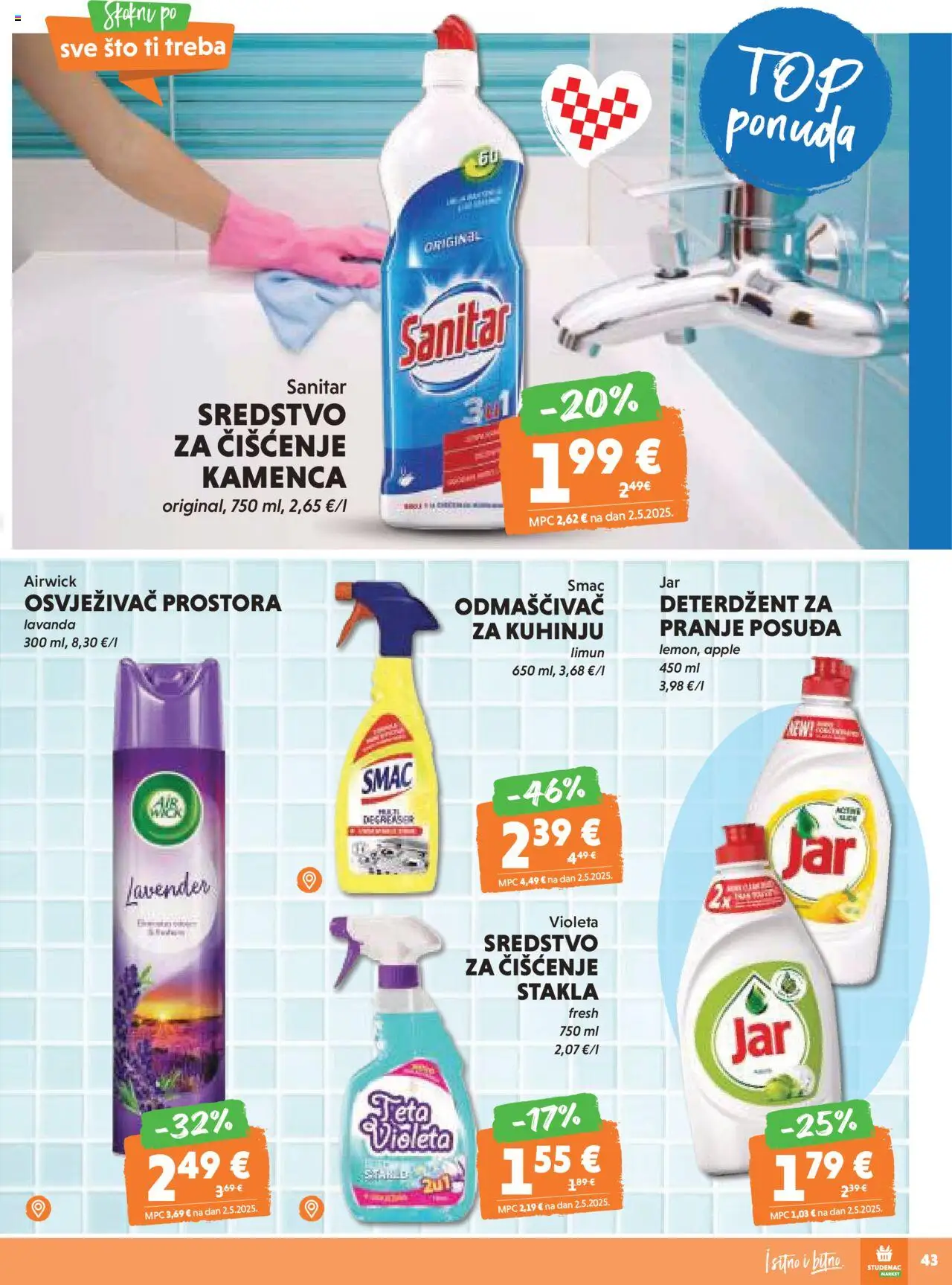 Studenac katalog | vrijedi od 10.09.2025 | Stranica: 43 | Proizvodi: Deterdžent, Osvježivač prostora, Limun, Violeta