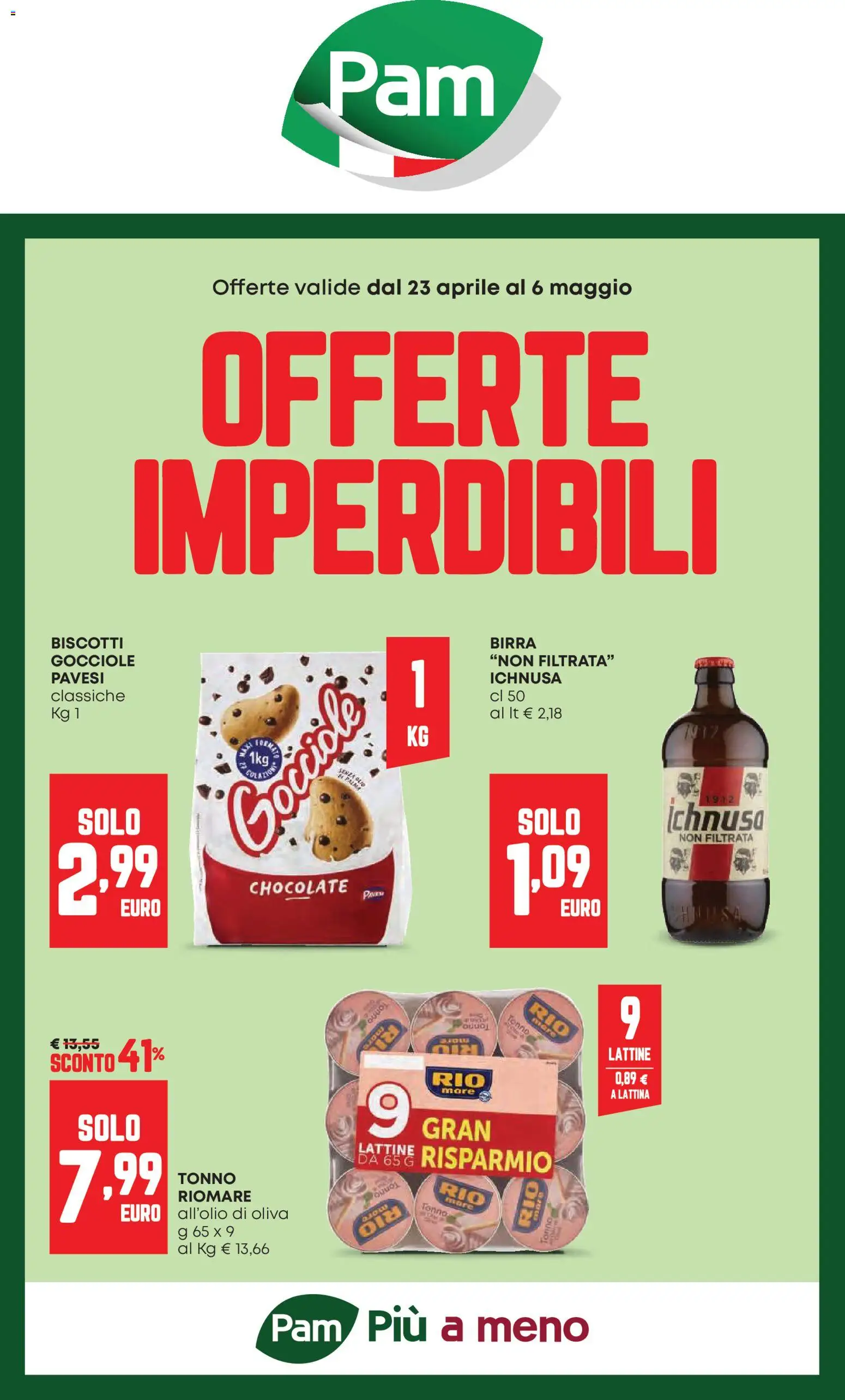 Volantino PAM del 23.04.2026 | Pagina: 1 | Prodotti: Birra, Biscotti, Tonno