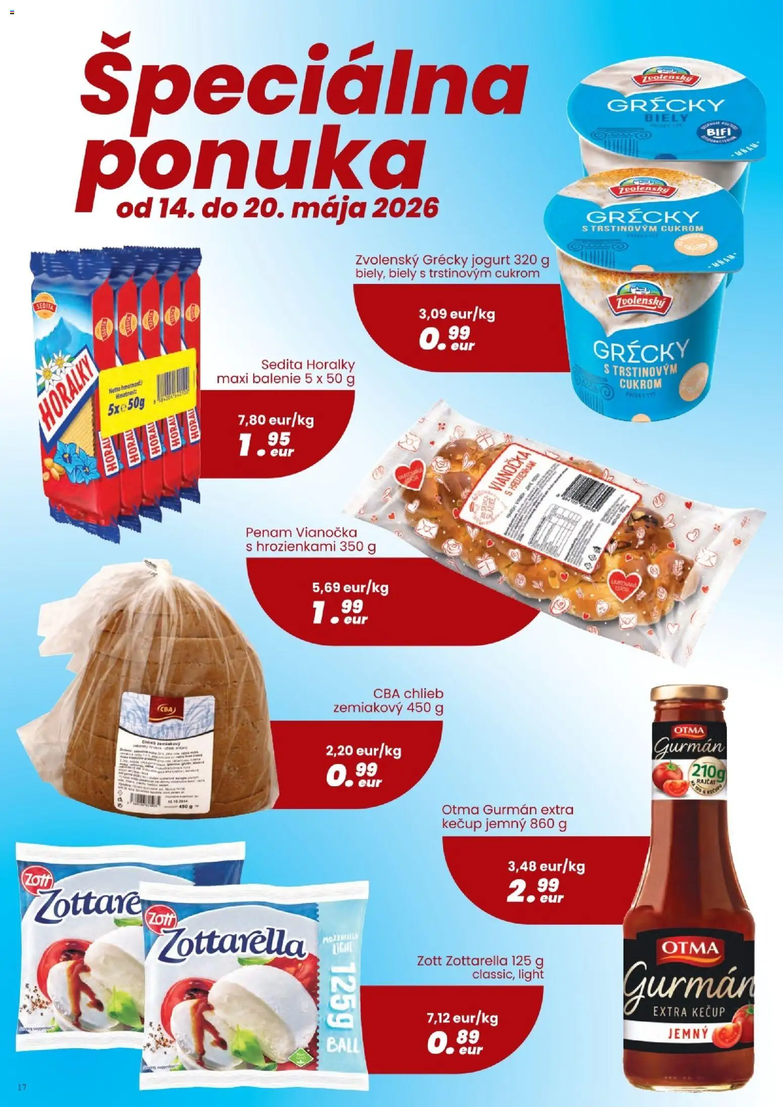 Nové CBA Komfos akcie – leták je platný od 07.05.2026 | Strana: 16 | Produkty: Chlieb, Vianočka, Grécky jogurt, Kečup