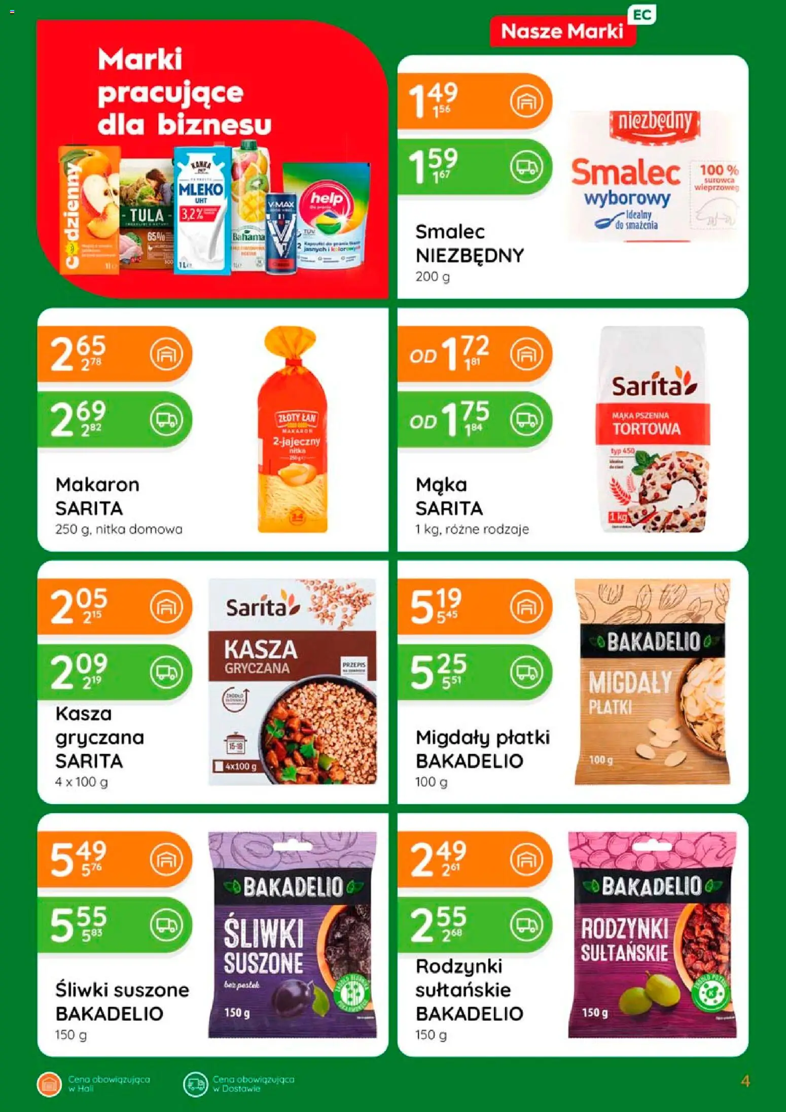 Eurocash gazetka od 02.04.2026 | Strona: 4 | Produkty: Migdały płatki, Śliwki suszone, Makaron, Rodzynki