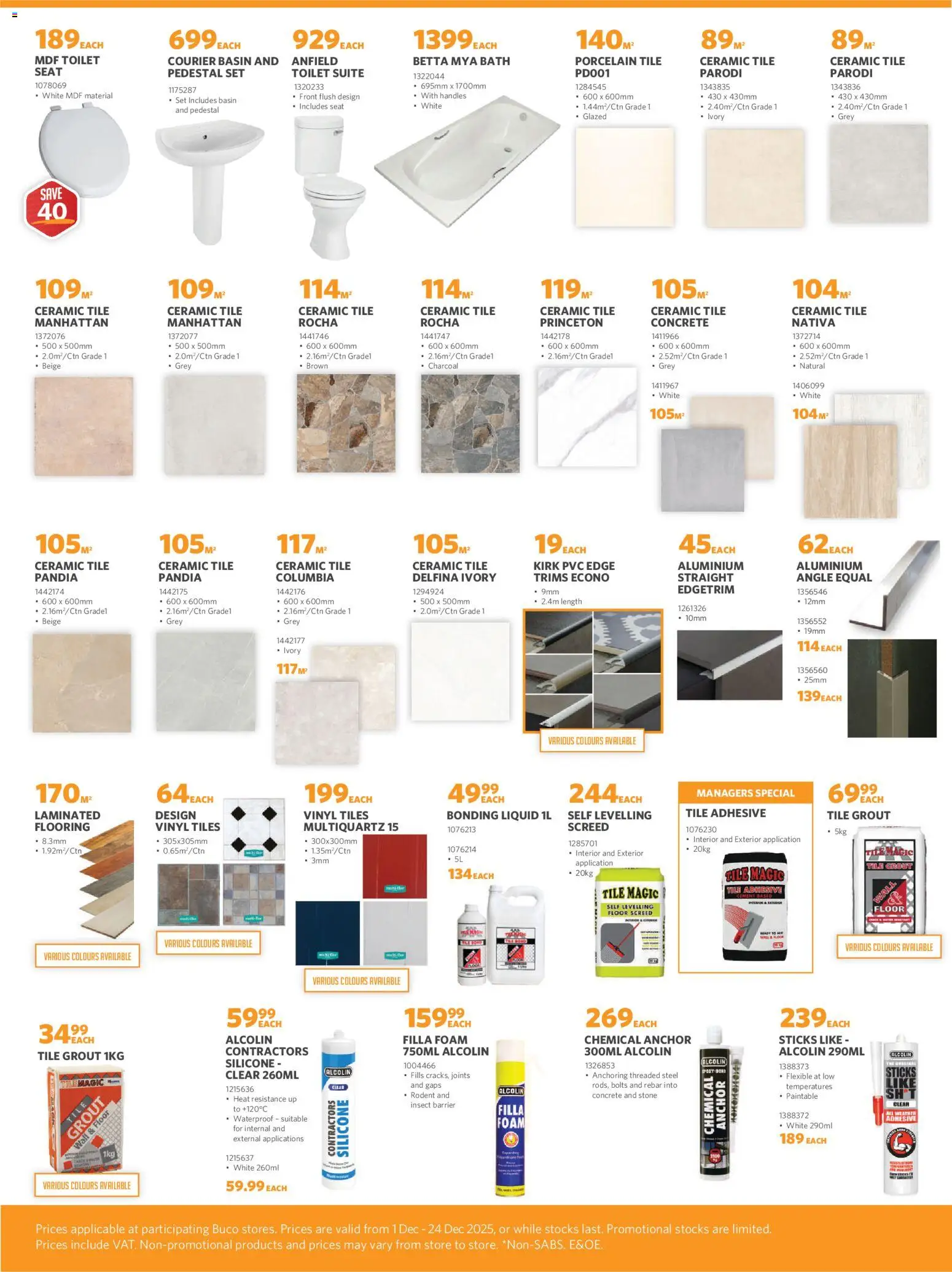 New BUCO catalogue – valid from 01.12.2025 | Page: 5 | Products: Pedestal, Tile grout, Adhesive, Foam