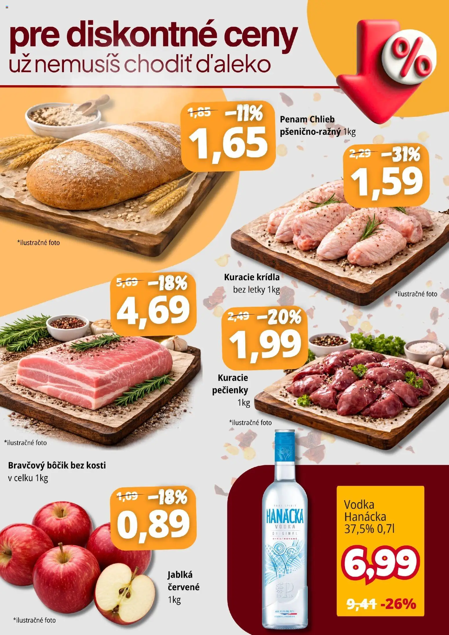 Nové CBA Komfos akcie – leták je platný od 15.04.2026 | Strana: 2 | Produkty: Chlieb, Jablká, Bravčový bôčik, Kuracie krídla