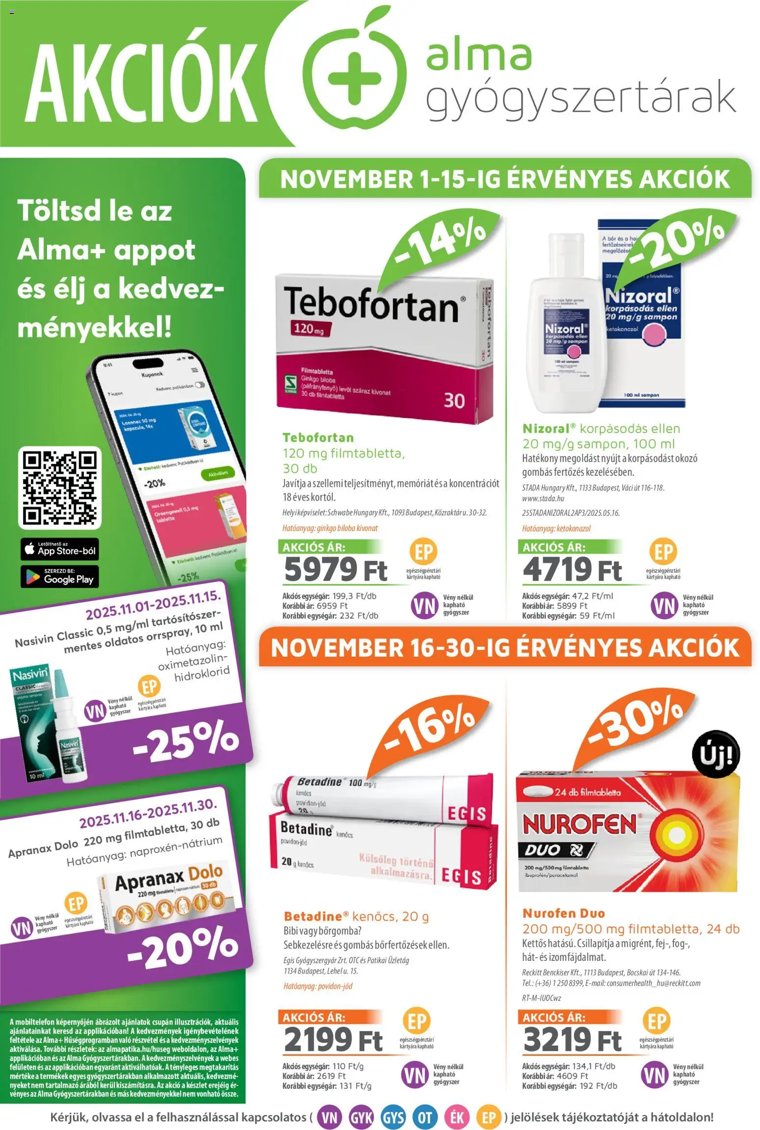 Alma Gyógyszertárak akciós ujság - amely érvényes a következő dátumtól: 01.11.2025 | Oldal: 1 | Termékek: Ginkgo biloba, Sampon, Bor, Alma