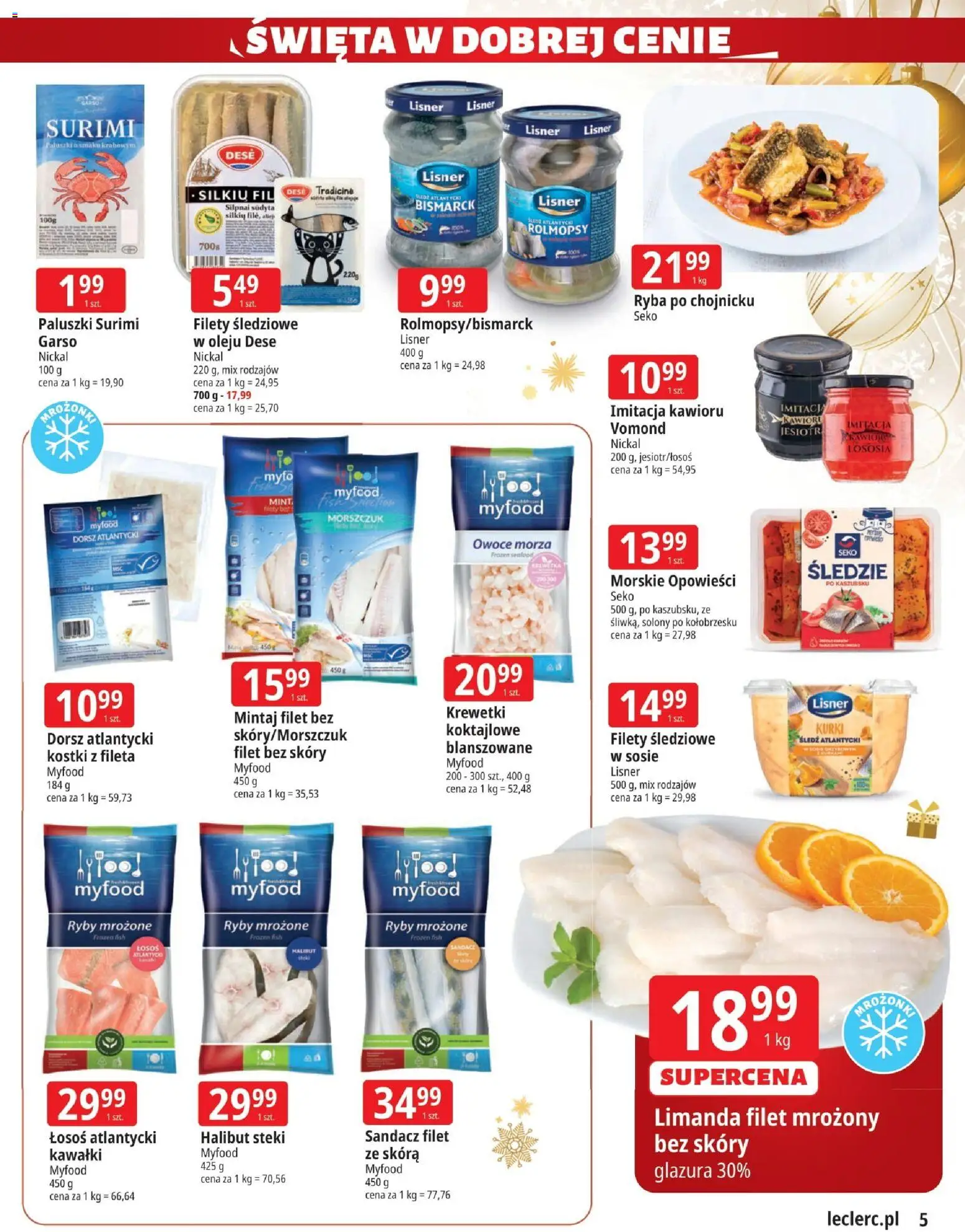 E.Leclerc Gazetka - Zielona Góra od 02.12.2025 | Strona: 5 | Produkty: Steki, Halibut, Łosoś, Paluszki surimi