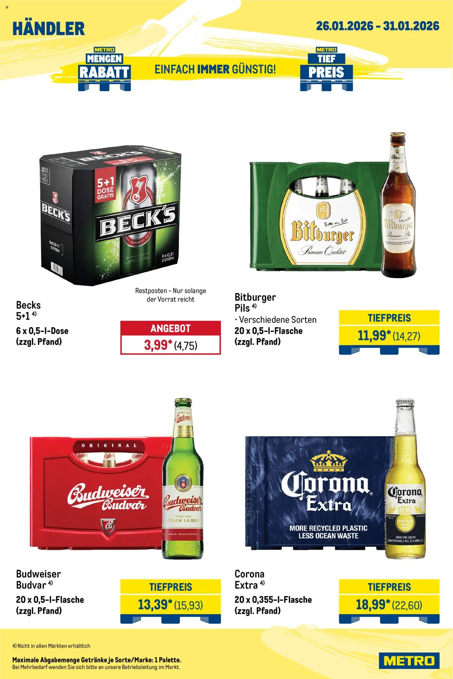 Metro Wochen-Angebote Händler – gültig ab 26.01.2026 | Seite: 4 | Produkte: Bitburger, Pils, Budweiser