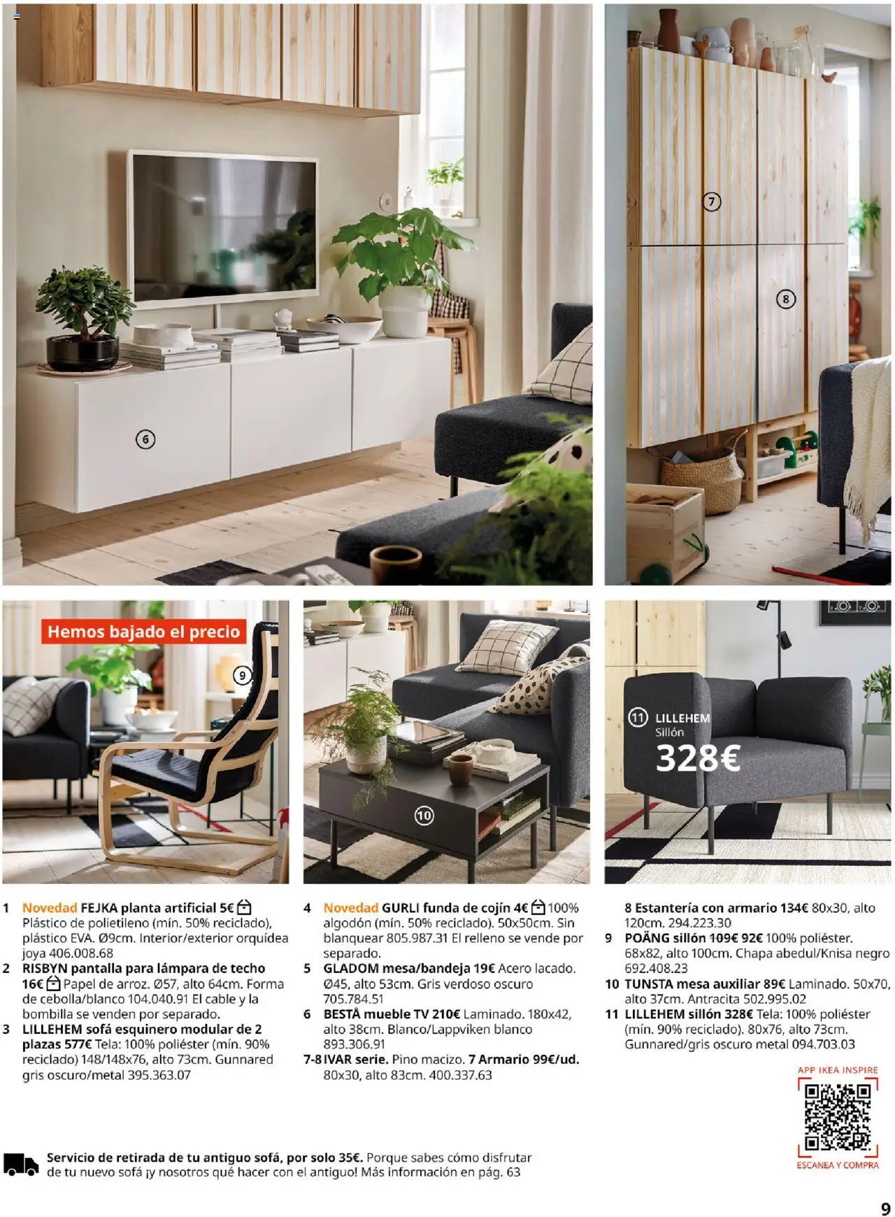 Catálogo IKEA Salones │ válido desde el 01.09.2025 | Página: 9 | Productos: Planta artificial, Funda de cojín, Sillón, Lámpara