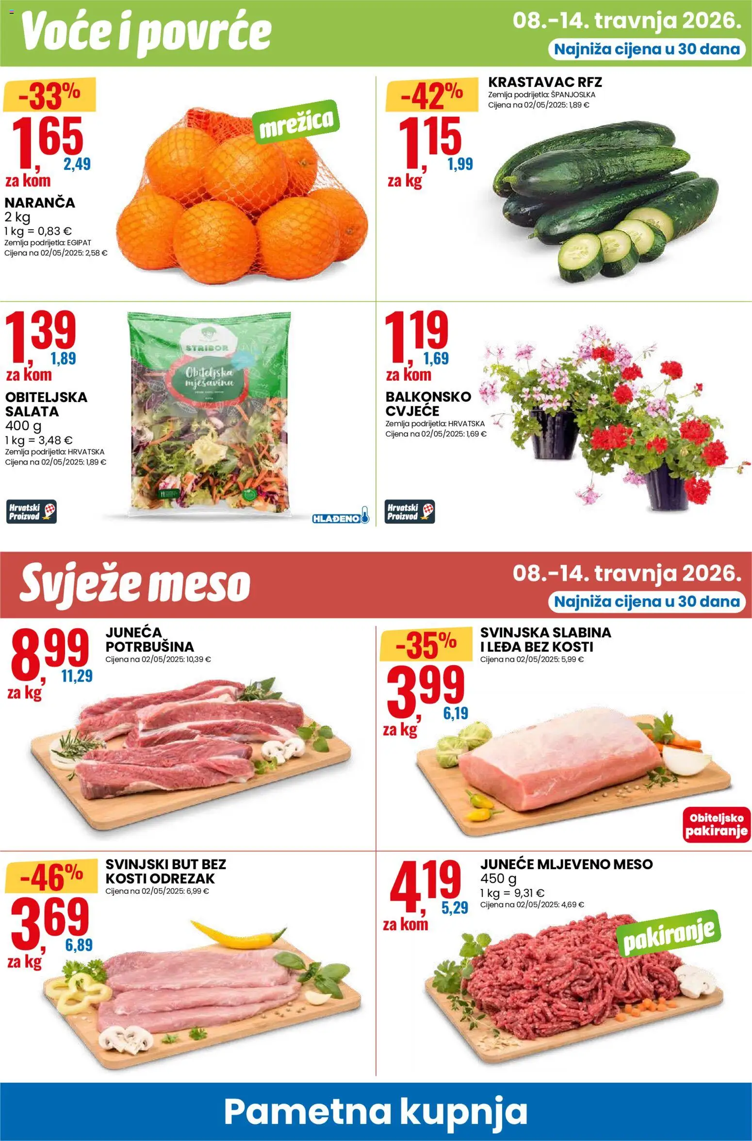 Eurospin katalog | vrijedi od 08.04.2026 | Stranica: 8 | Proizvodi: Svinjski but, Krastavac, Mljeveno meso, Salata