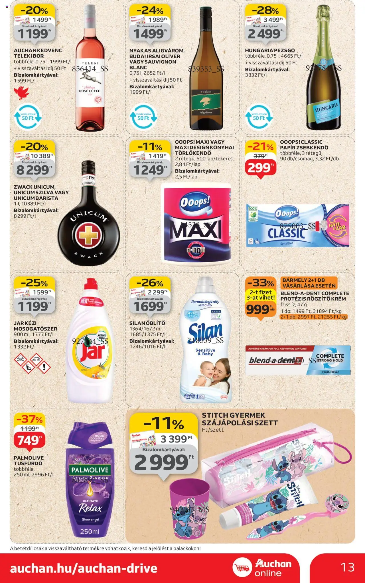 Auchan akciós ujság - amely érvényes a következő dátumtól: 14.08.2025 | Oldal: 13 | Termékek: Törlőkendő, Pezsgő, Tusfürdő, Mosogatószer