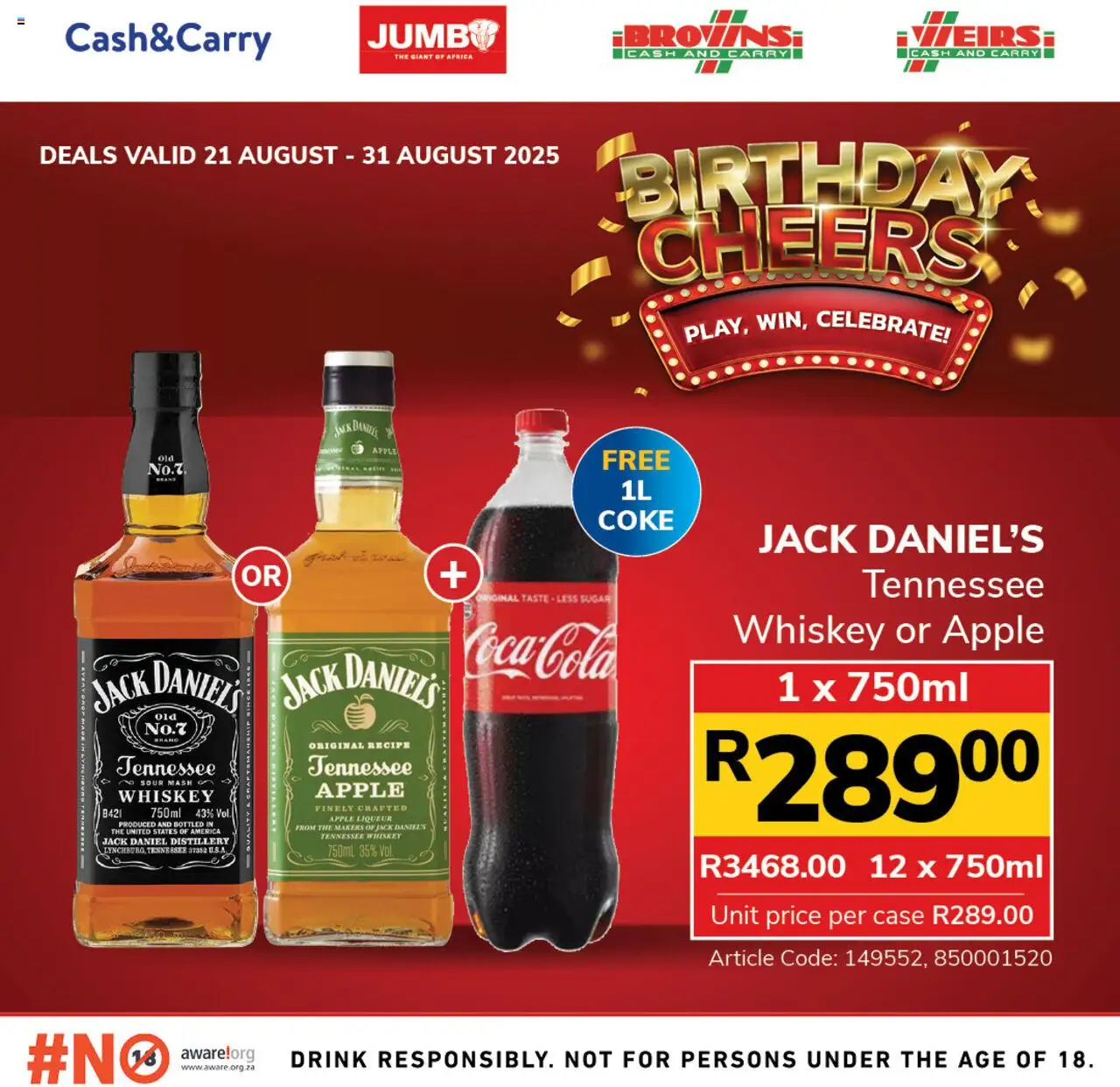 Jumbo Birthday Specials Liquor │ valid from 21.08.2025 | Page: 4 | Products: Case, Coke, Whiskey, Sugar