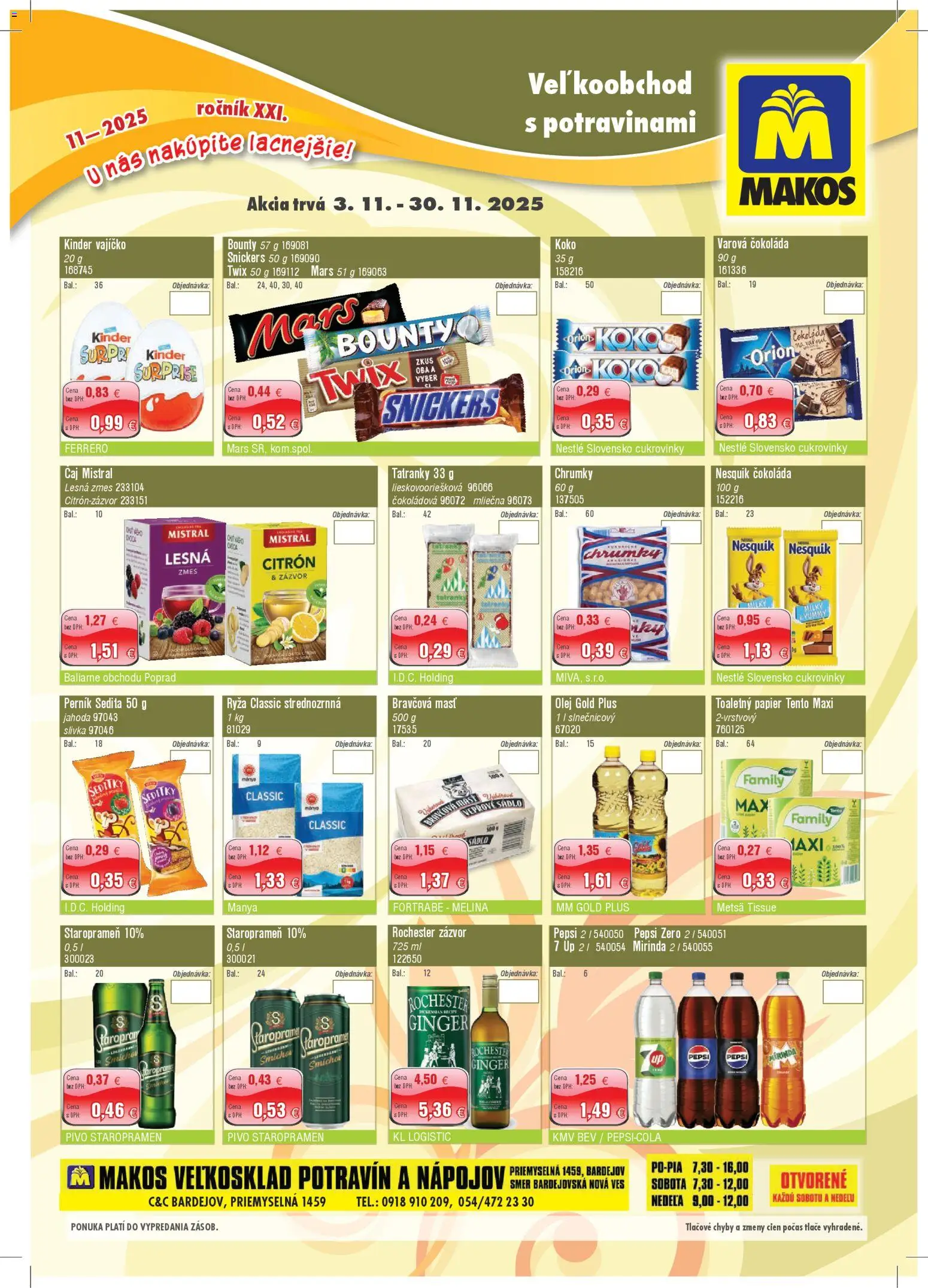 Nové Makos akcie – leták je platný od 03.11.2025 | Strana: 1 | Produkty: Pivo, Ryža, Staropramen, Pepsi