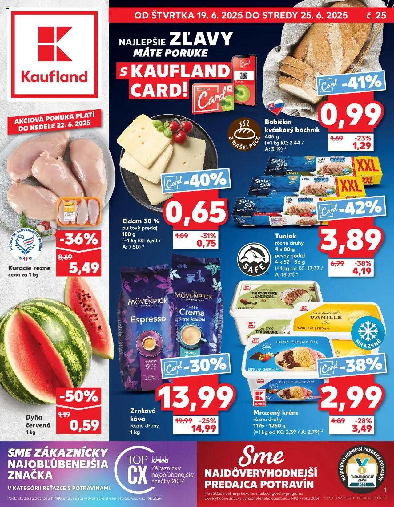 Nové Kaufland akcie – leták je platný od 19.06.2025 | Strana: 1 | Produkty: Tuniak, Káva, Eidam, Krém