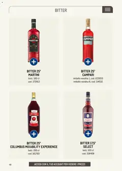 Anteprima del volantino BITTER 25° CAMPARI, Bitter 25° Campari, imballo vendita 1, cod. 023053, imballo vendita 6, cod. 114532 valido a partire dal 30.05.2025 | Pagina: 48 | Prodotti: Aperitivo