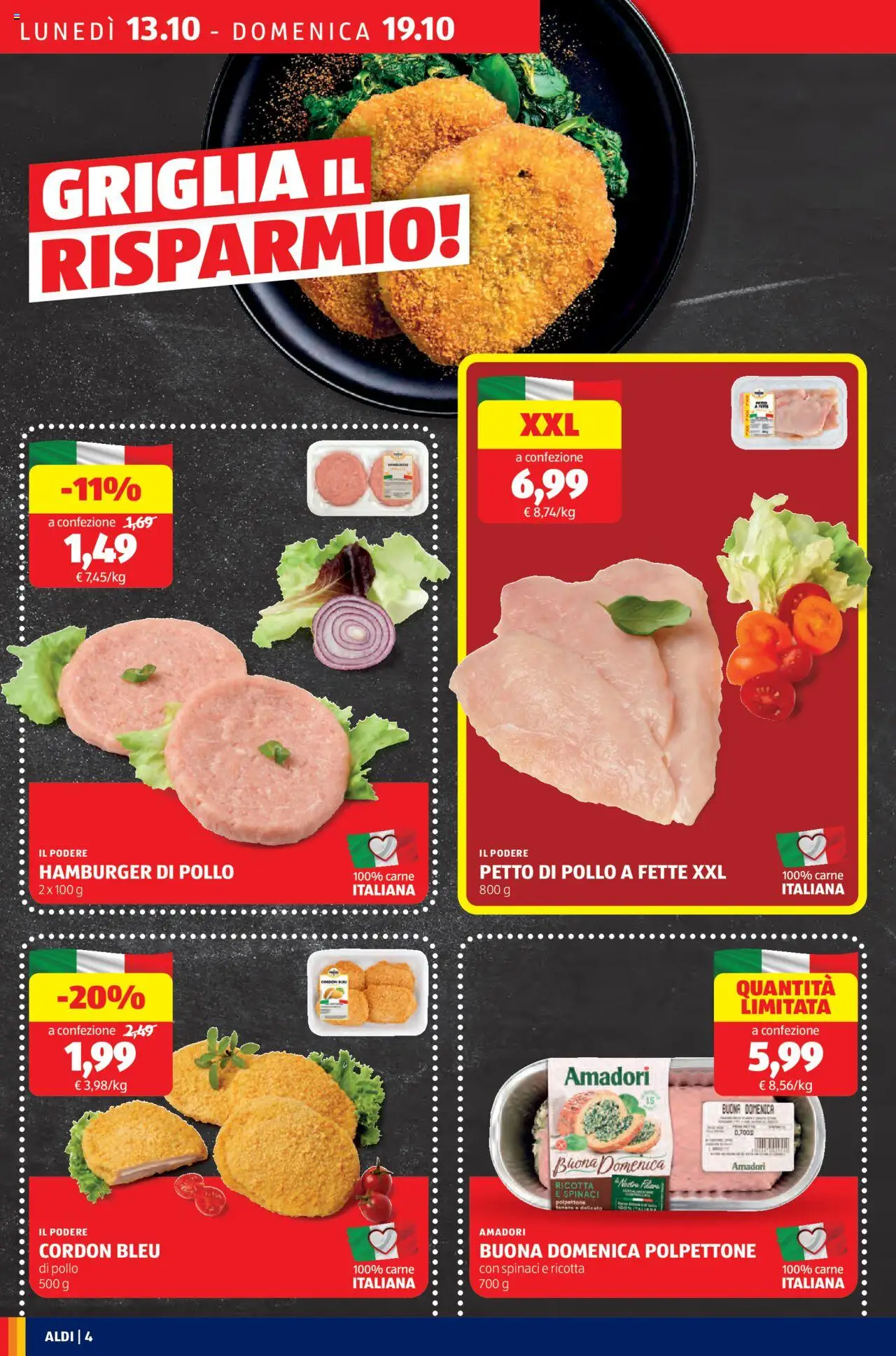Volantino Aldi del 13.10.2025 | Pagina: 4 | Prodotti: Petto di Pollo, Pollo, Spinaci, Ricotta