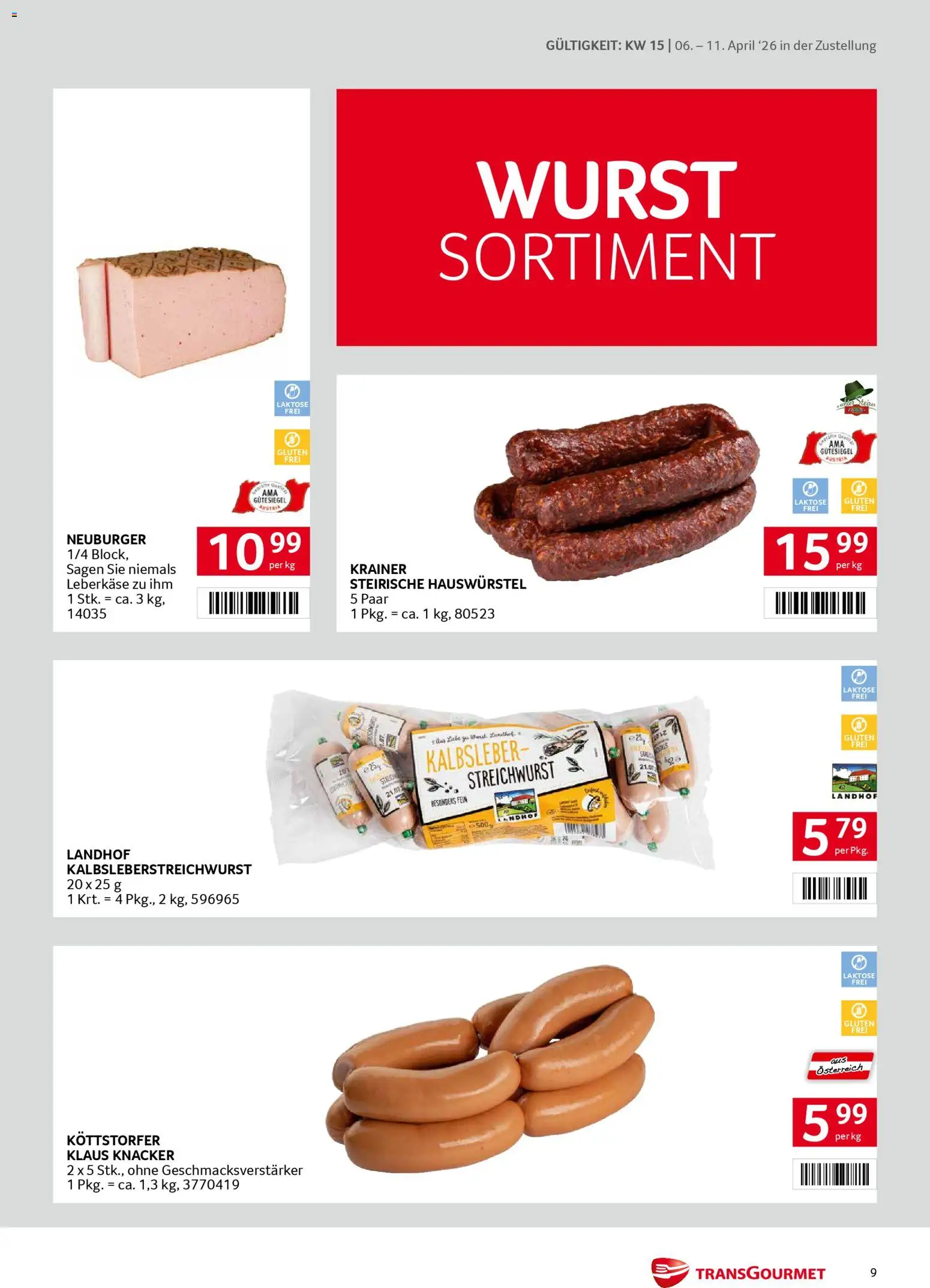 Transgourmet Zustellaktion gültig ab 06.04.2026 | Seite: 9 | Produkte: Wurst