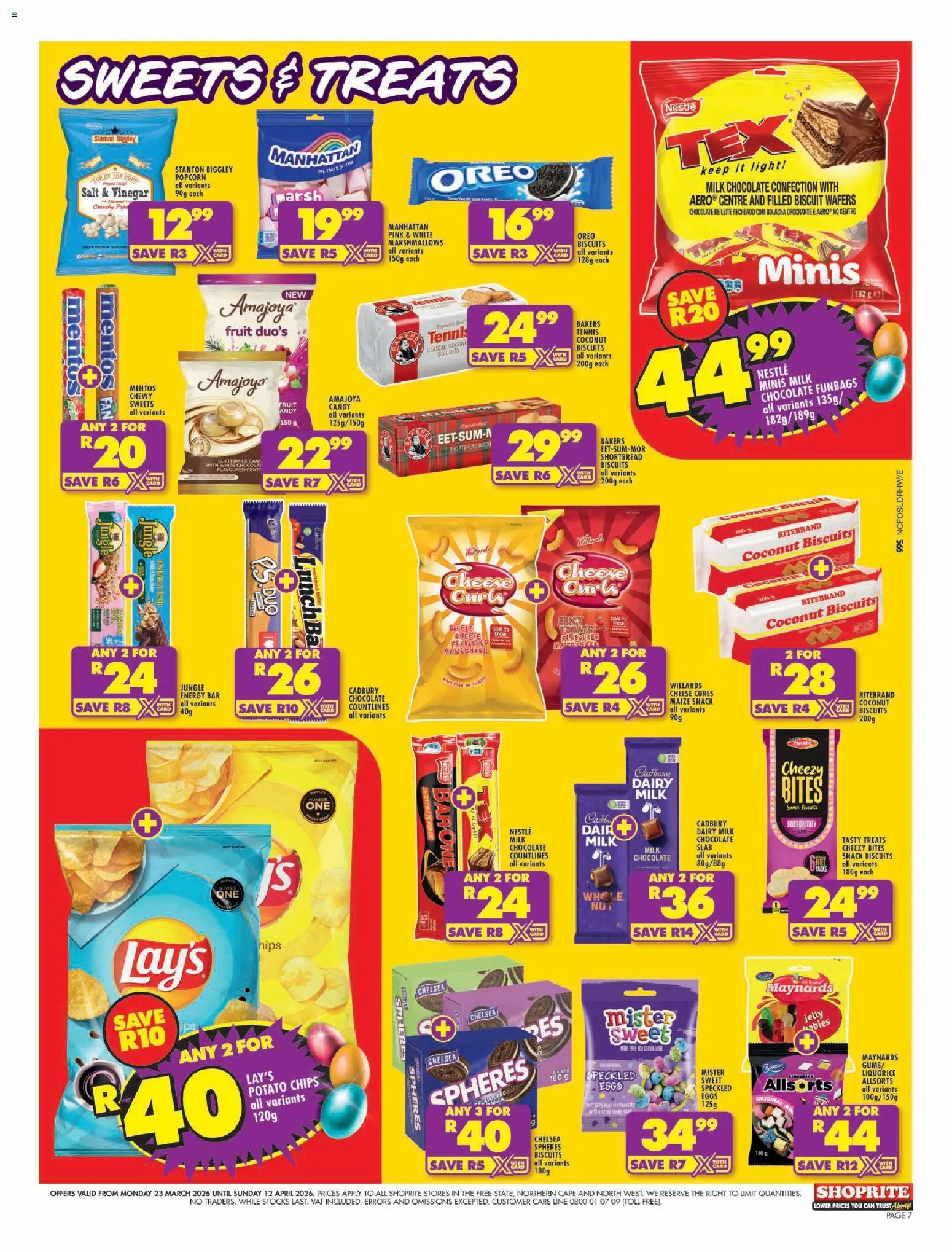 New Shoprite catalogue – valid from 23.03.2026 | Page: 7 | Products: Sweets, Cheese, Vinegar, Popcorn
