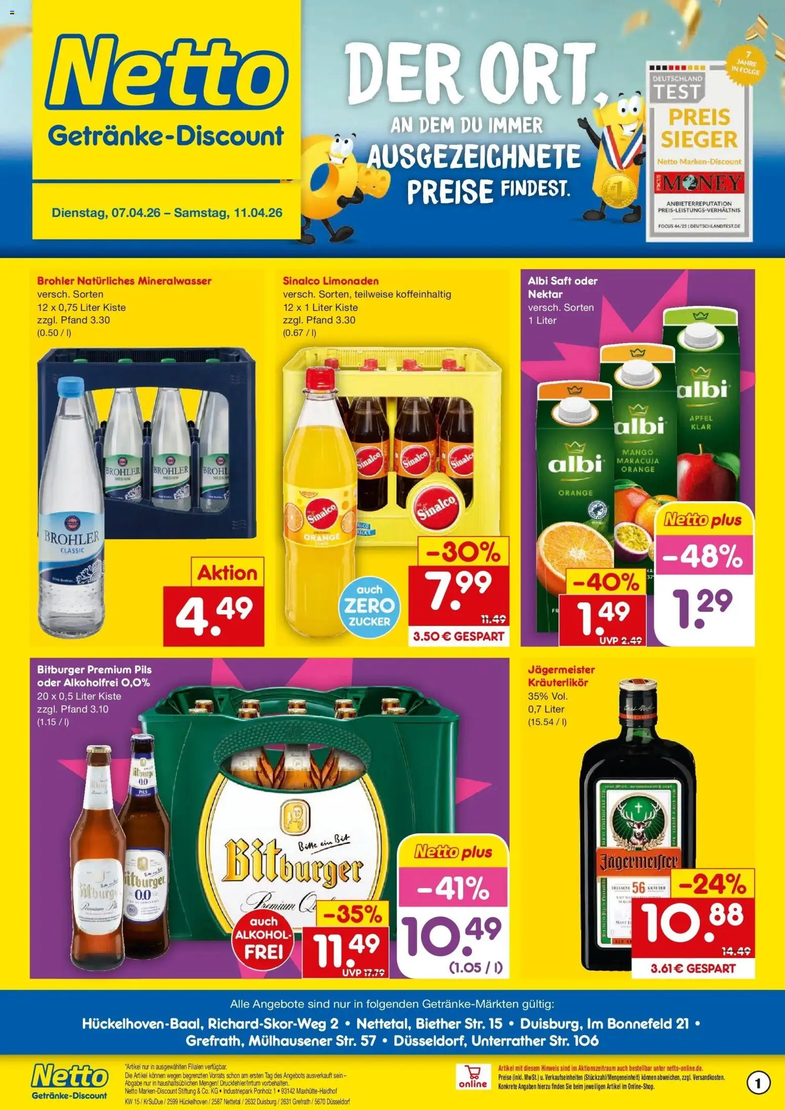 Netto Marken-Discount Prospekt Nettetal	 – gültig ab 07.04.2026 | Seite: 1 | Produkte: Sinalco, Äpfel, Jägermeister, Saft