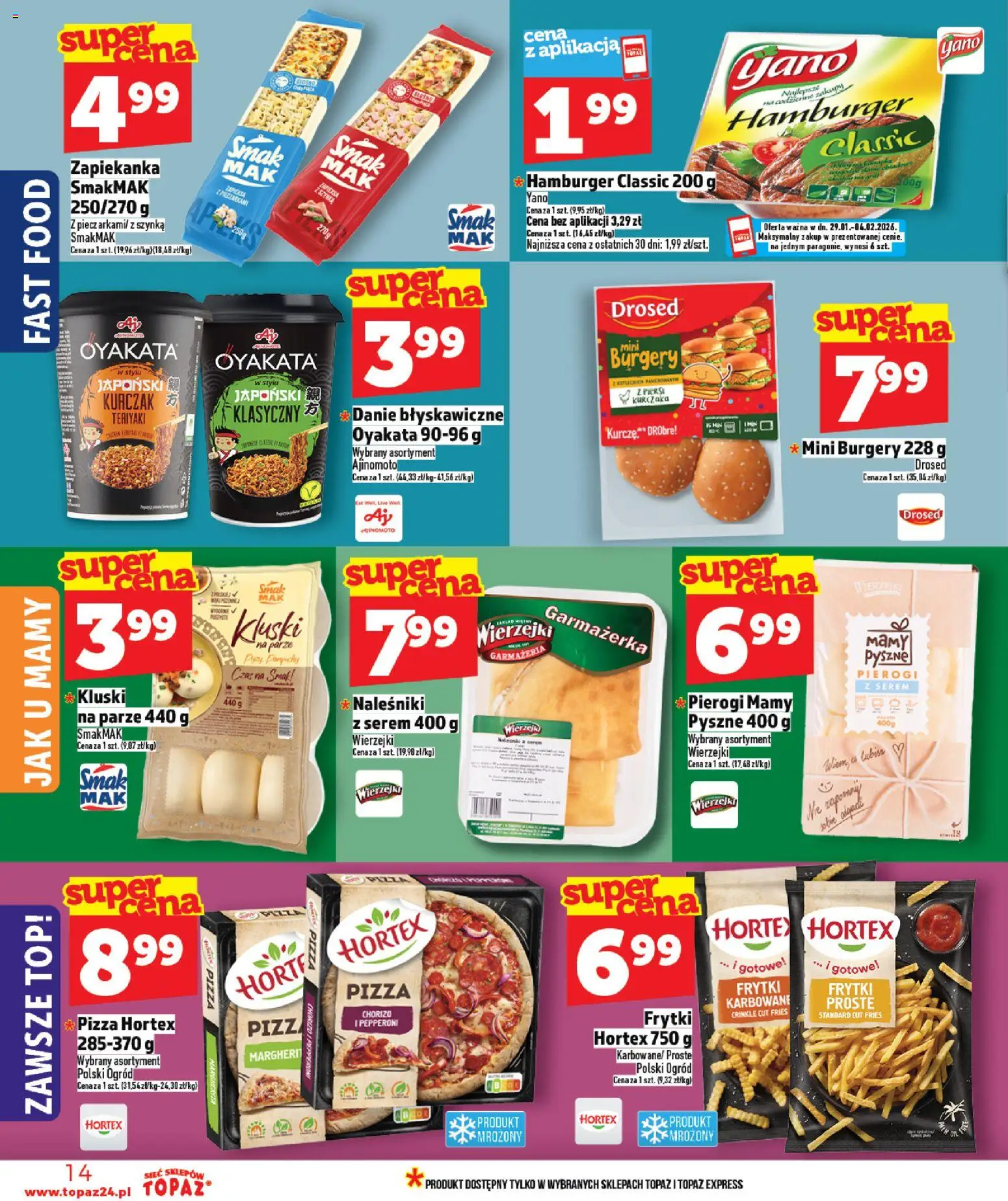 Topaz Gazetka od 29.01.2026 | Strona: 14 | Produkty: Hamburger, Zapiekanka, Frytki, Naleśniki