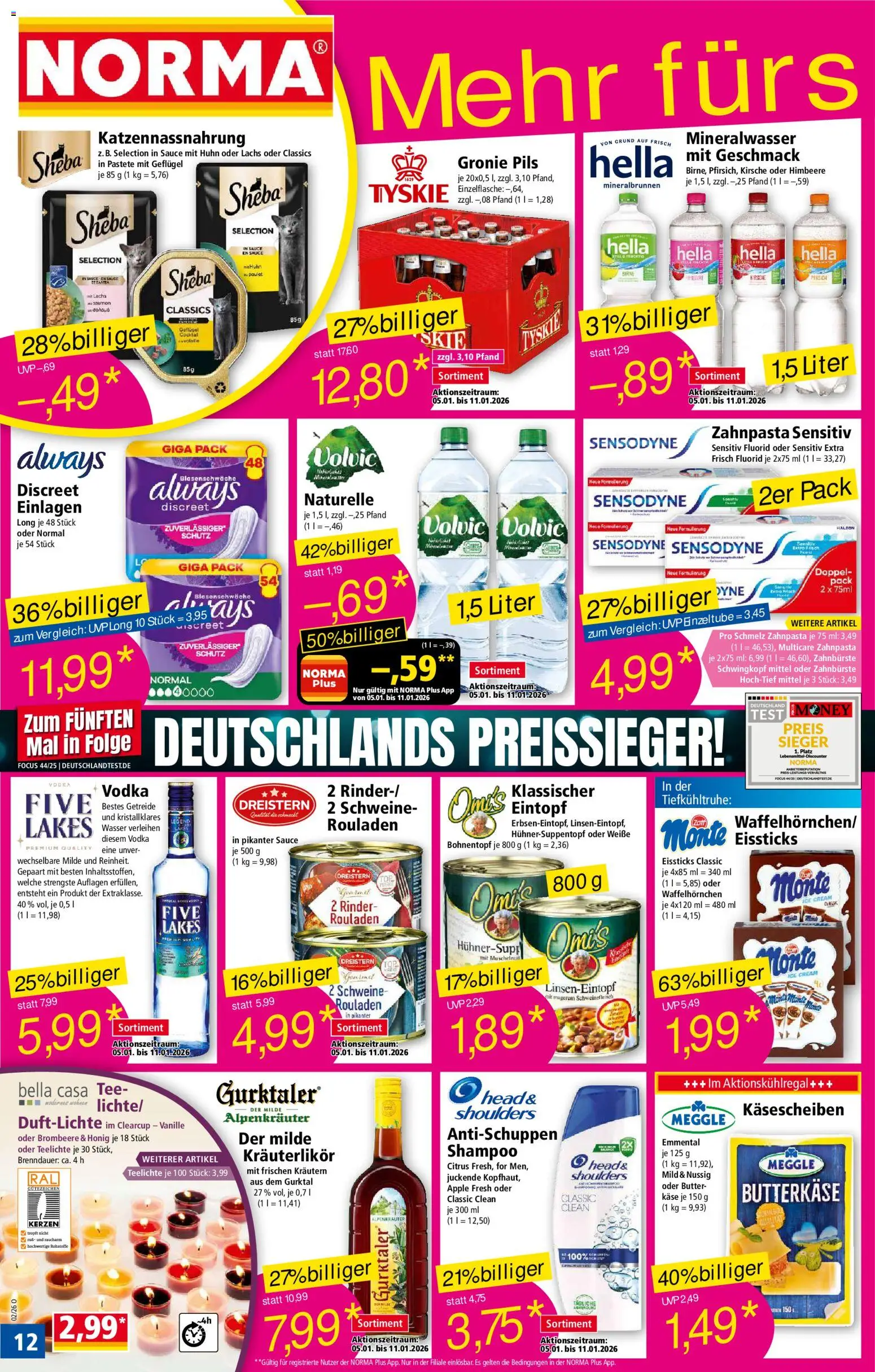Norma Prospekt 	 – gültig ab 05.01.2026 | Seite: 12 | Produkte: Käse, Zahnbürste, Himbeere, Volvic