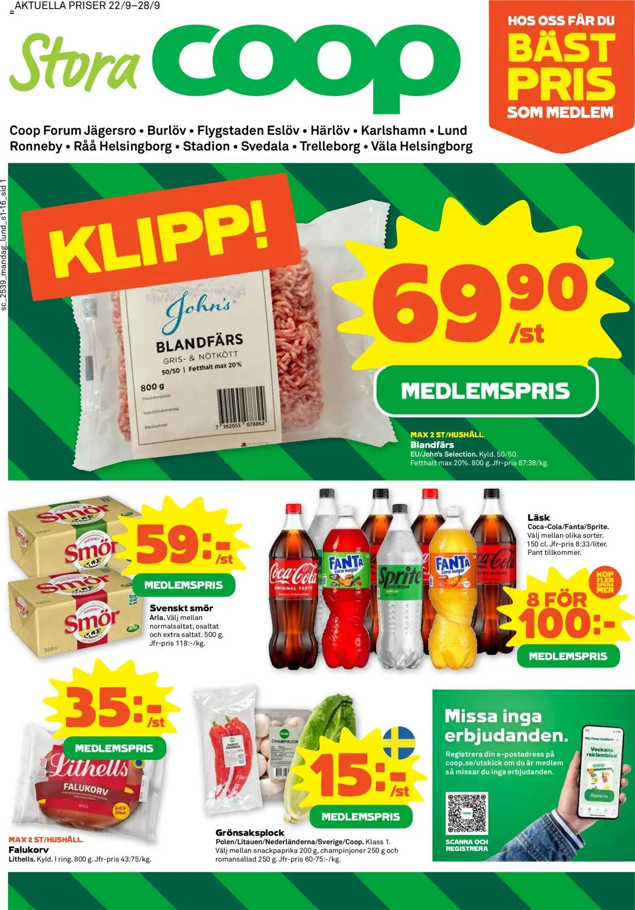 Stora Coop reklamblad aktuell från 22.09.2025 | Sida: 1 | Produkter: Falukorv, Blandfärs, Sprite, Champinjoner
