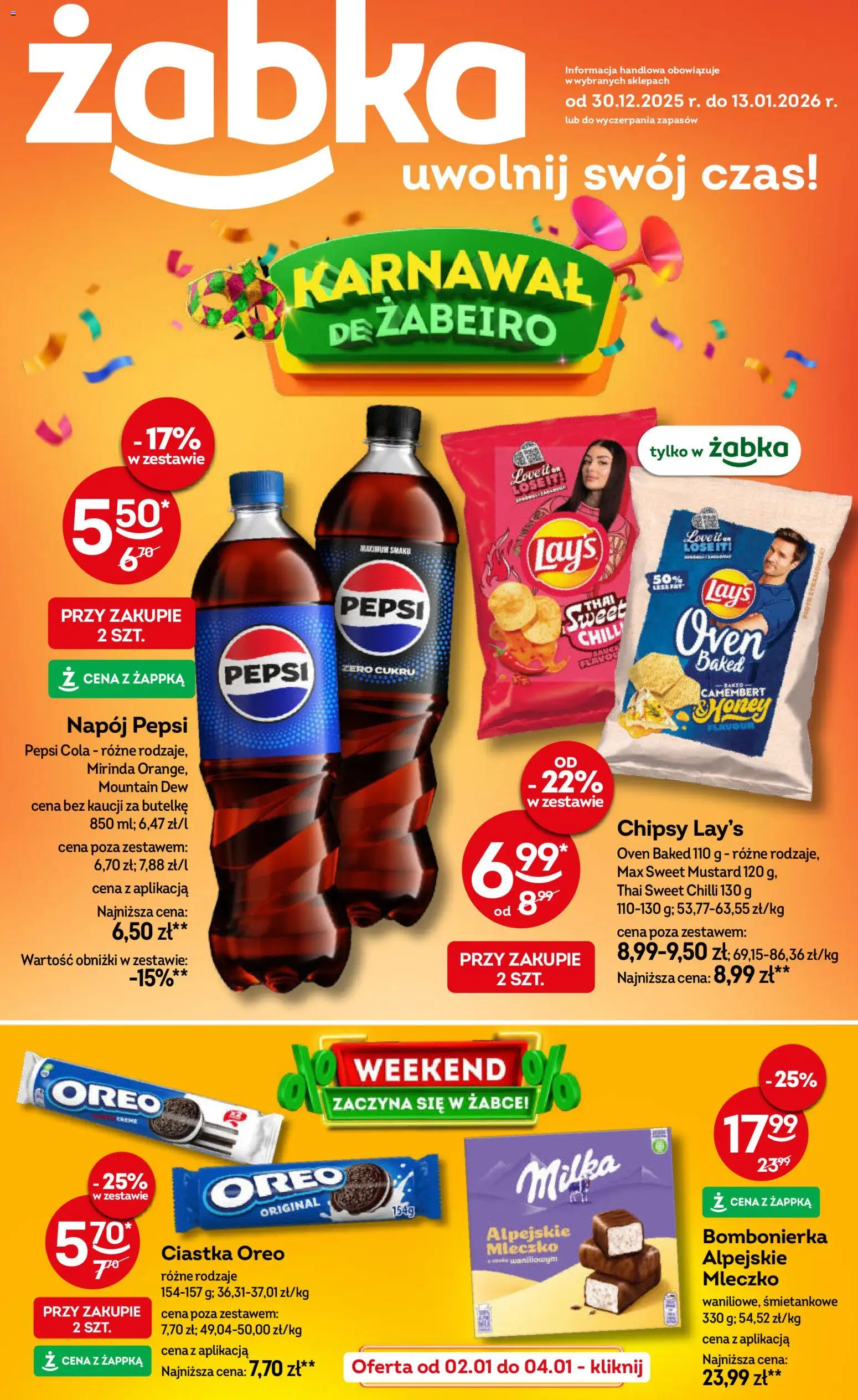 Żabka Gazetka od 30.12.2025 | Strona: 1 | Produkty: Pepsi, Milka, Camembert, Ciastka Oreo
