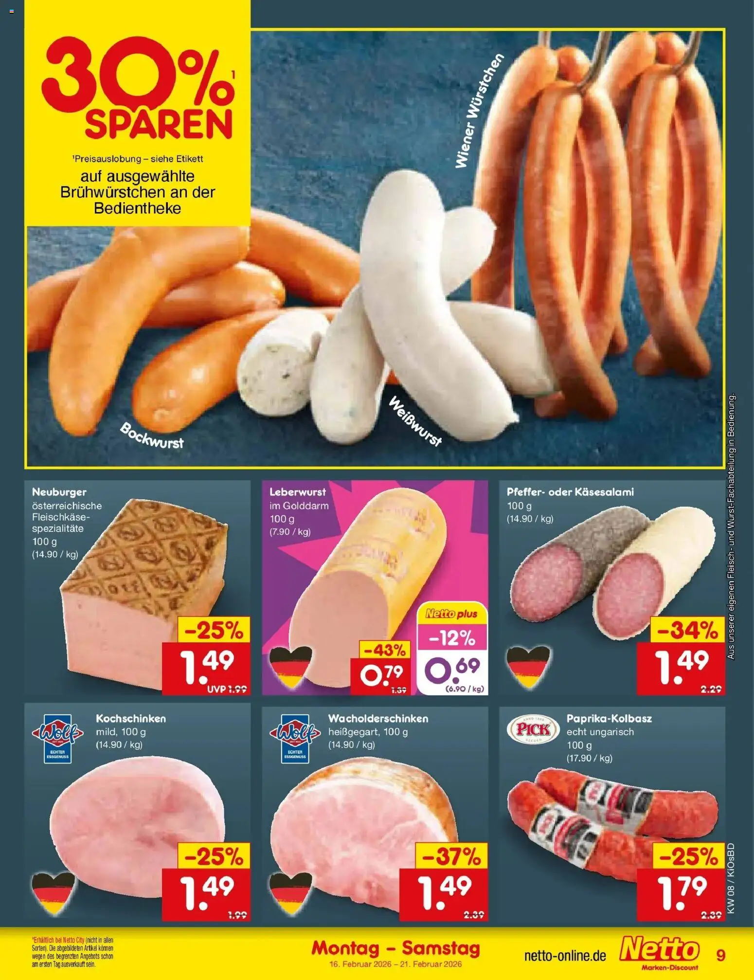 Netto Marken-Discount prospekt Mistelbach	 – gültig ab 16.02.2026 | Seite: 9 | Produkte: Wiener wurstchen, Weißwurst, Pfeffer, Fleisch