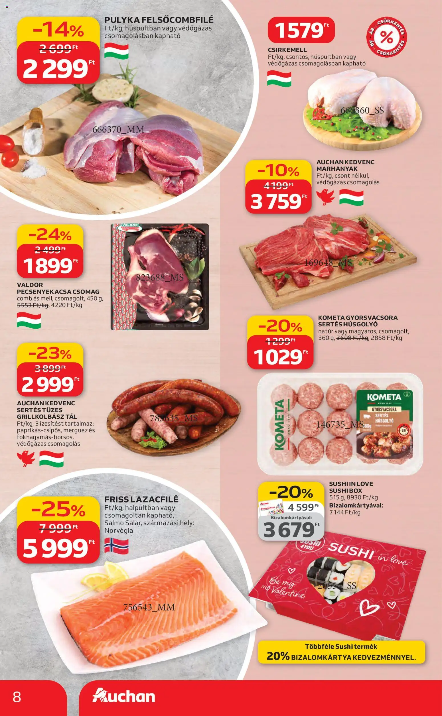 Auchan akciós ujság - amely érvényes a következő dátumtól: 12.02.2026 | Oldal: 8 | Termékek: Grillkolbász, Lazacfilé, Pecsenyekacsa, Csirkemell
